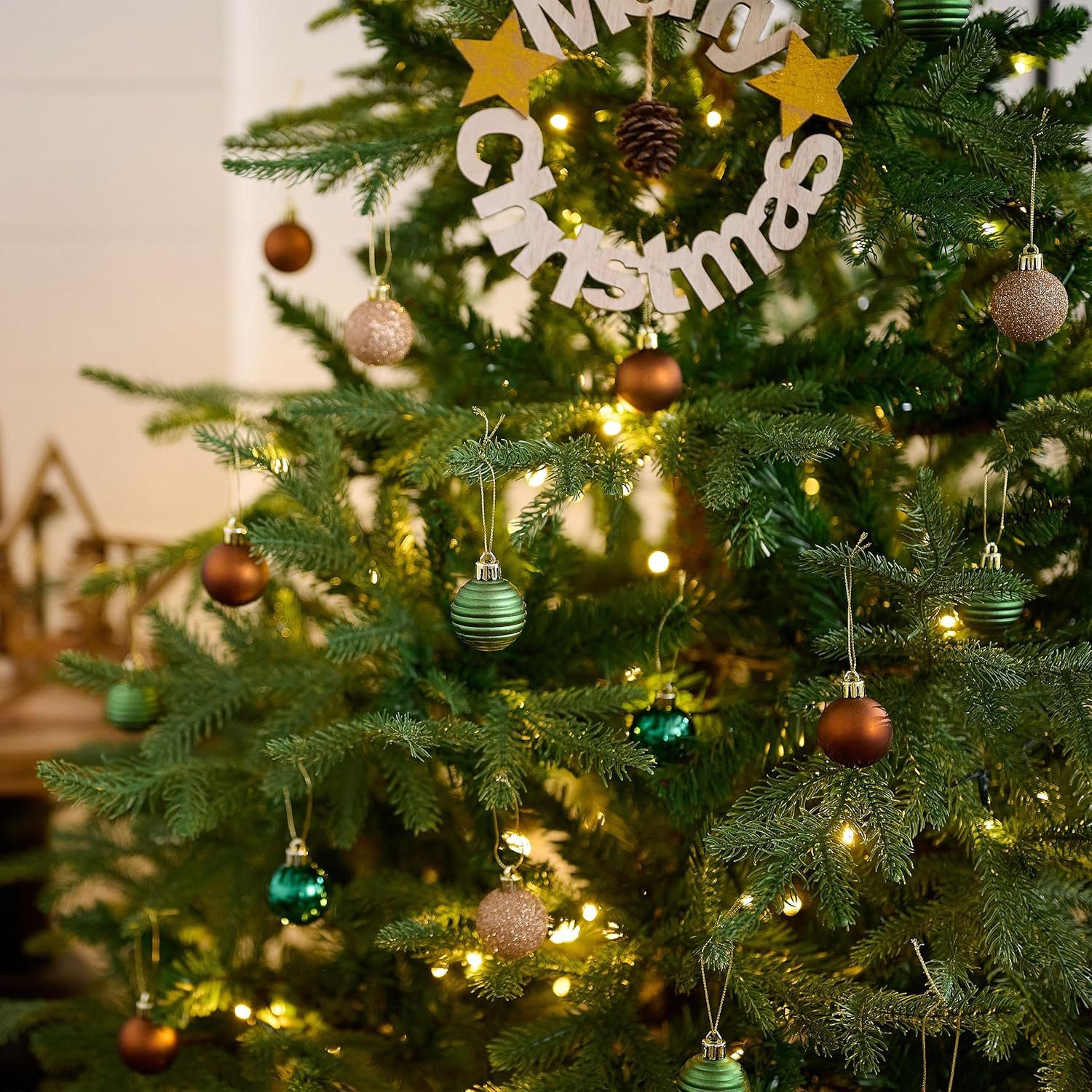 Valery Madelyn 1.57 Inches Small Christmas Tree Decorations Ornament Set for 4Th of July Fall Halloween, 24Ct Brown Green and Gold Shatterproof Hanging Ball Ornaments Holiday Party Decor image number 5