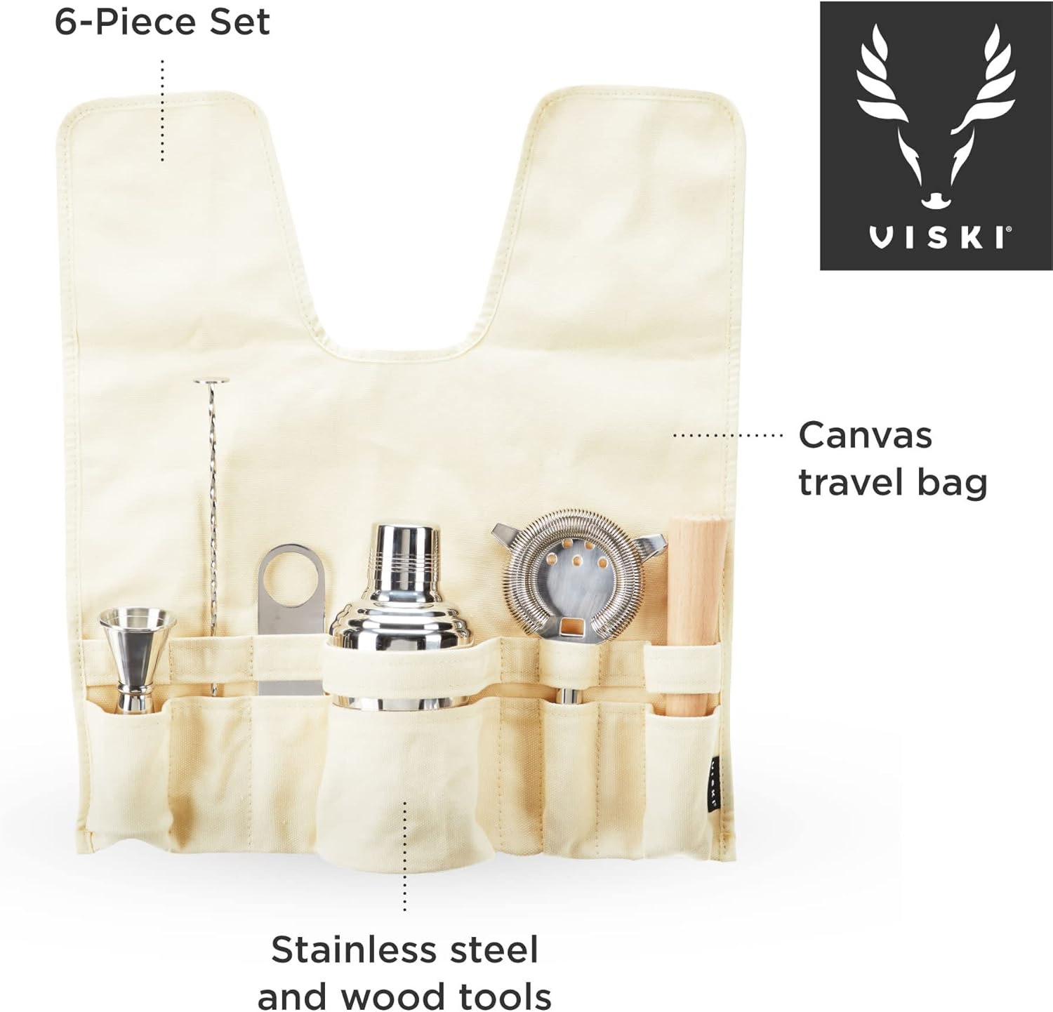Viski Travel Bartender Kit 6Pc Set, Drink Mixers for Cocktails Gift Essentials: Classic Cobbler Shaker, Hawthorne Strainer, Bottle Opener, Jigger, Barspoon, Muddler & Canvas Carry Bag image number 5