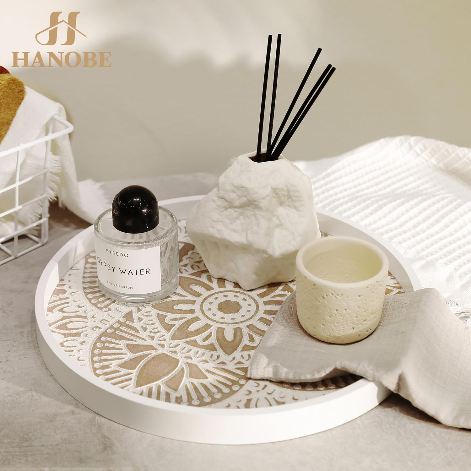 Hanobe round Wood Decorative Tray: Rustic Coffee Table Tray Farmhouse Tray Decor White Washed Centerpiece Wooden Serving Trays Rounded Tray for Kitchen Counter Boho Ottoman Tray for Home image number 5