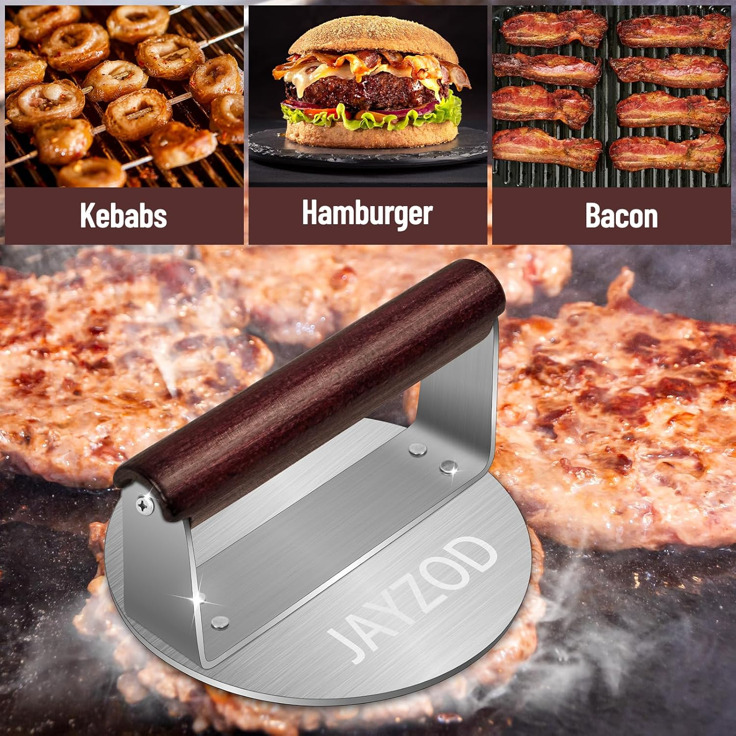 5.98" Stainless Steel Burger Press,720G round Burger Smasher with Wood Handle,Heavy Duty Smooth Non-Stick Meat Press for Cooking Burgers, Steaks, Bacon, Sausages, BBQ image number 2