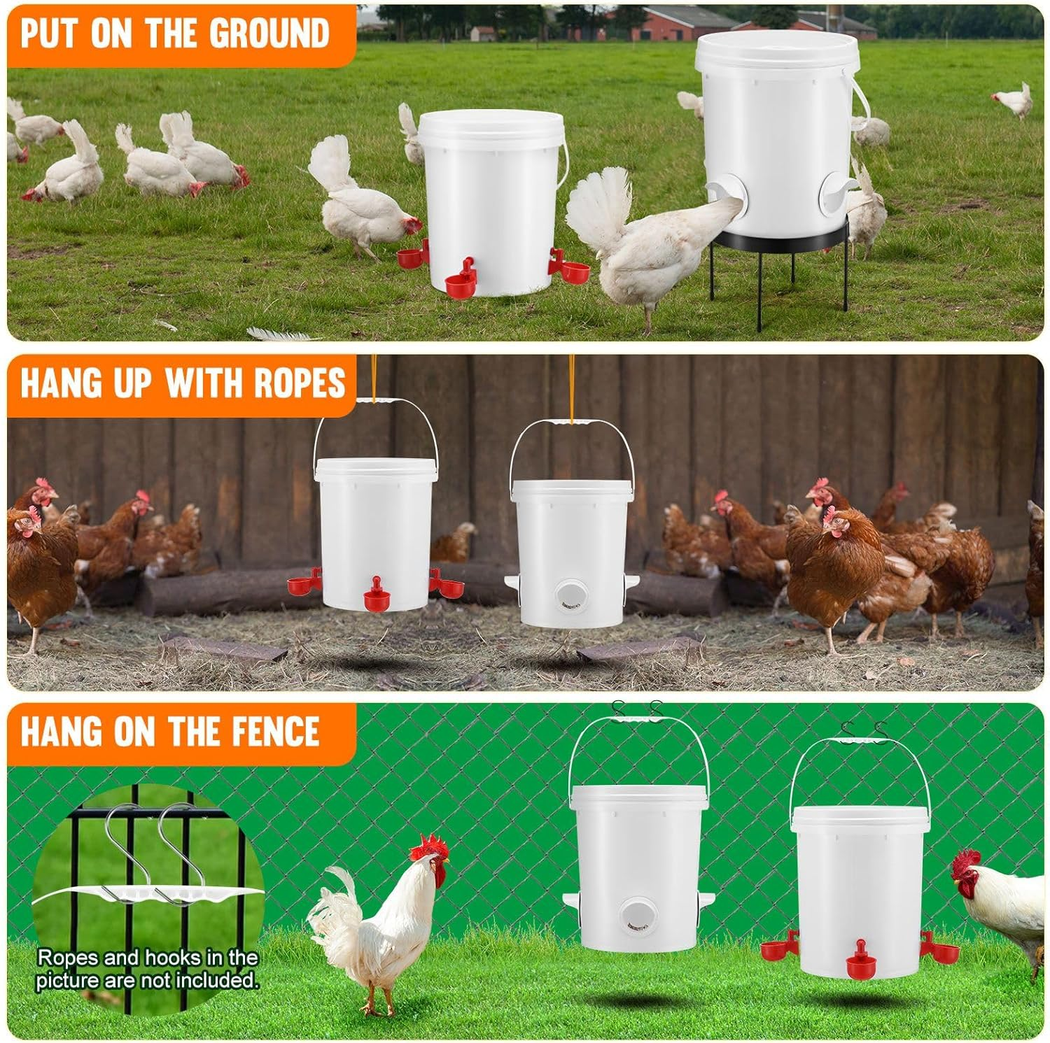 Pet Scene 20L Chicken Feeder Waterer Set, Raised Stand Auto Water Food Dispenser for Chook Hen Chick Poultry, with Drinker Cup, PVC Feeding Port image number 4