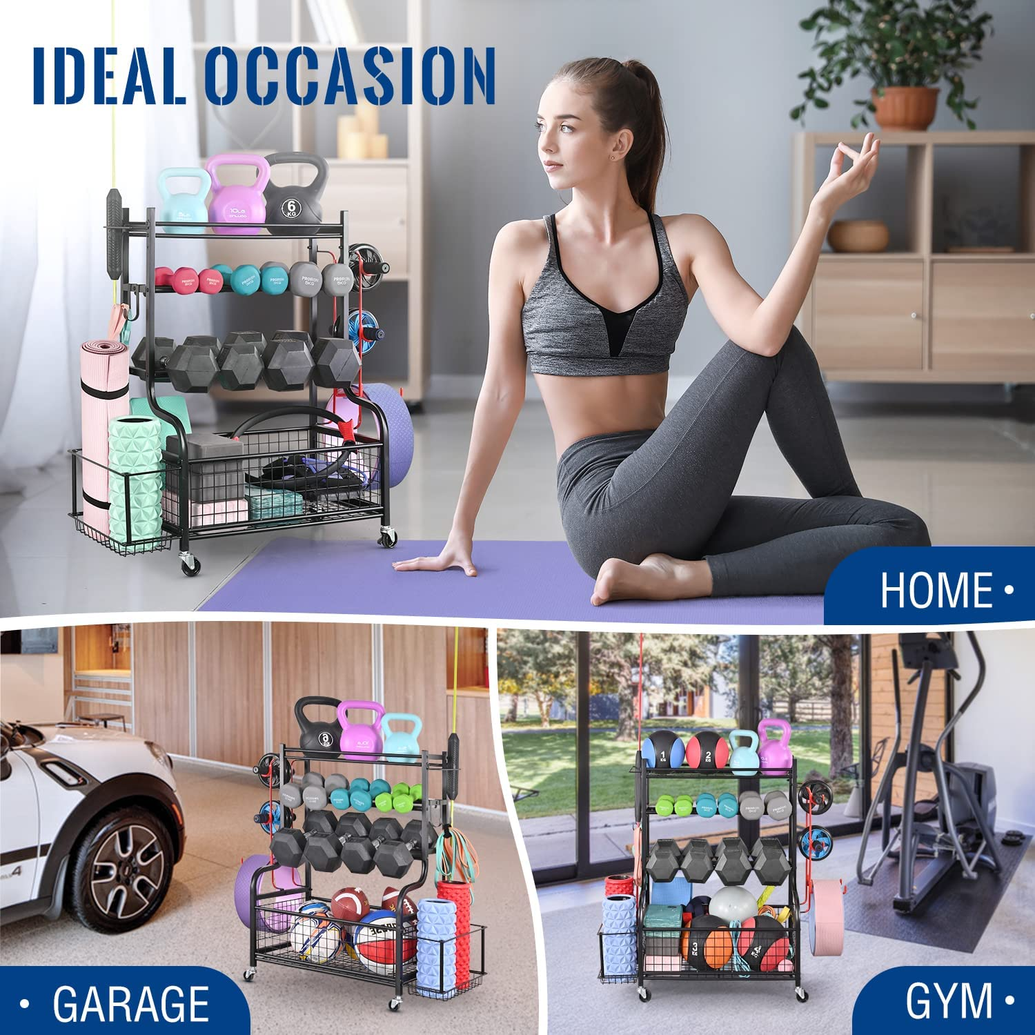 Mythinglogic Dumbbell Rack, Home Gym Storage, Weight Rack for Dumbbells, Yoga Rack, Kettlebells and Yoga Mat Storage, Gym Storage Rack with Wheels and Hooks, Workout Equipment Storage for Fitness And image number 1