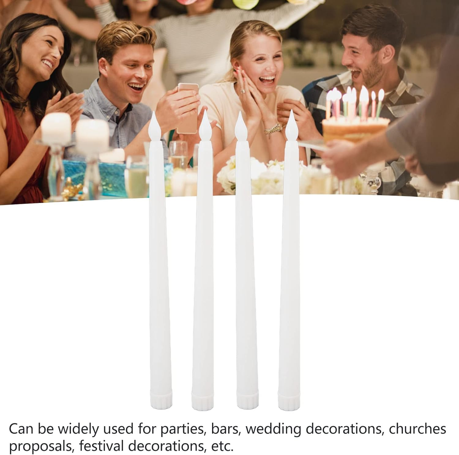 LED Taper Candles Flameless Safe Light Decoration 4, Smoke Continuous Lighting for Parties (White)
