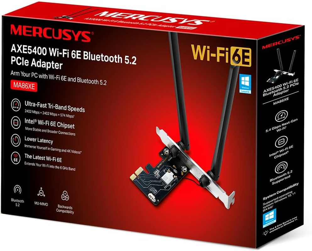 Mercusys AXE5400 Wi-Fi 6E Bluetooth 5.3 Pcie Adapter, Tri-Band, Faster Speed & Broader Coverage, WPA3 Security, 2X MU-MIMO, OFDMA, Windows Compatible (MA86XE)