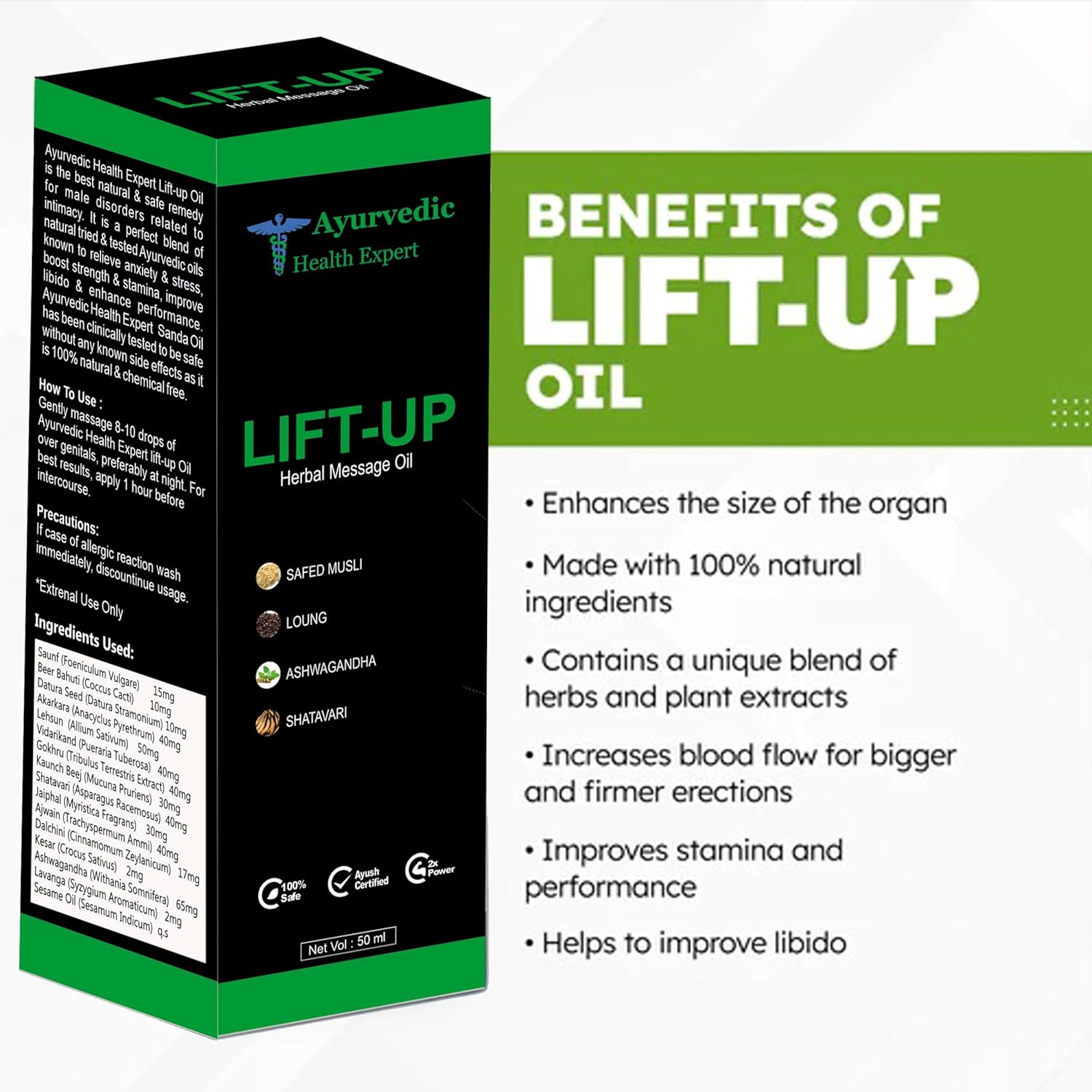 Ayurvedic Health Expert Lift-Up Herbal Massage Oil for Men | Safed Musli, Ashwagandha, Shatavari, Long | Natural Ayurvedic Formula | External Use Only | 50 Ml image number 5