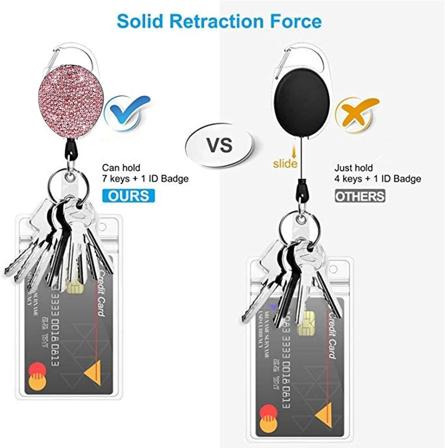 XUTONG 2PCS Retractable Badge Reel Carabiner Badge Holder with Bling Rhinestones Crystal,Badge Holders for ID Card Keychain (2Pcs Pink and Purple) image number 2