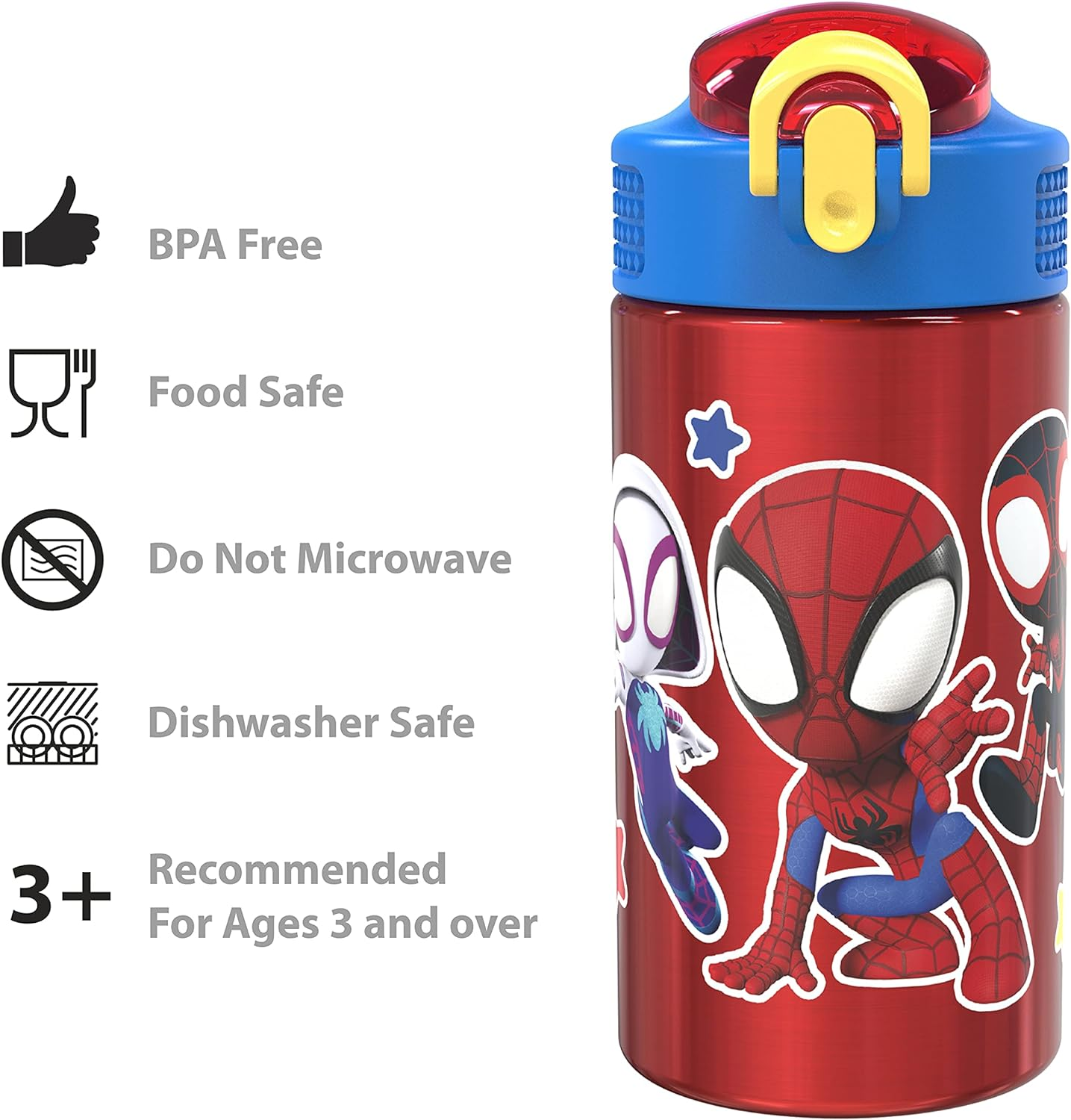 Zak Designs Marvel Spider-Man 18/8 Single Wall Stainless Steel Kids Water Bottle, Flip Straw Locking Spout Cover, Durable Cup for Sports or Travel (15.5Oz, Non-Bpa, Spidey and His Amazing Friends) image number 5