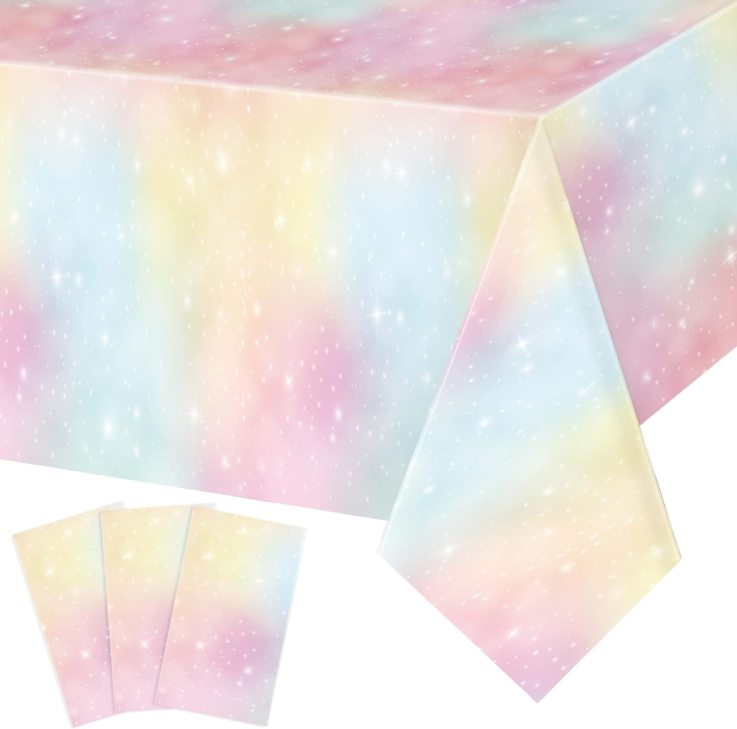 Acemedia 3 Pieces Pastel Rainbow Tablecloths Birthday Party Decoration Rectangle Plastic Disposable Table Cover Waterproof Boho Rainbow Table Cloths Girls Baby Shower Unicorn Party Supplies image number 2
