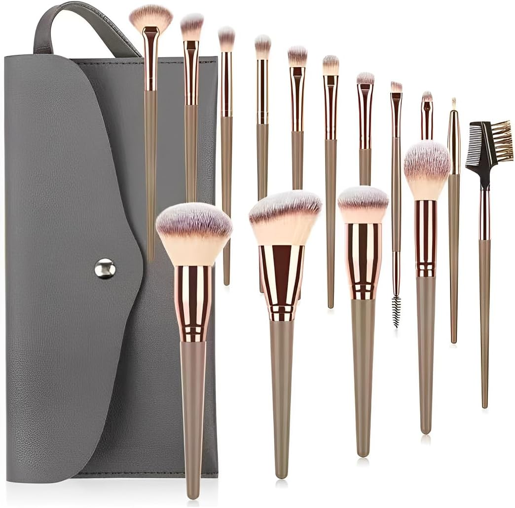 Makeup Brush, 15 Sets Professional Makeup Brush and PU Leather Pants Champagne and Gold Suit with Eye Makeup Brush Gift image number 1