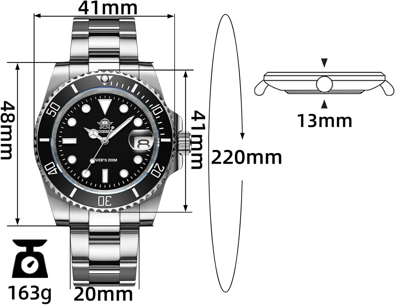 ADDIESDIVE Quartz Dive Watches for Men Diver 200M Steel Strap Analog Luminous Multicolors Dial Black Green Blue image number 6