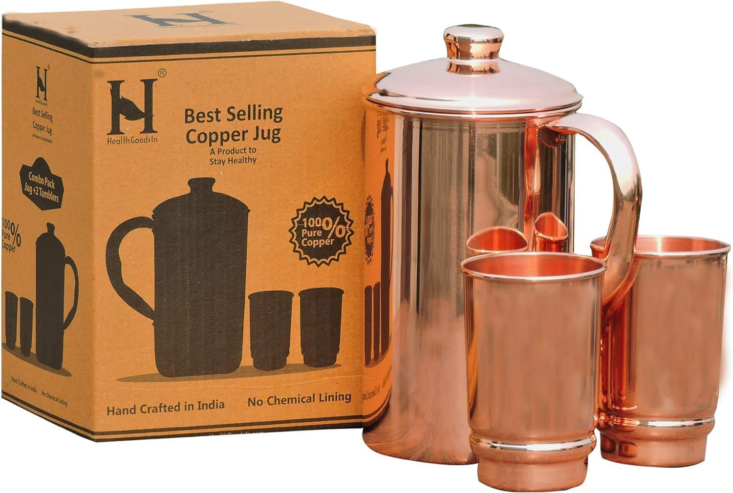 Healthgoodsau - Pure Copper Water Jug with 2 Copper Tumbler | Copper Pitcher and Tumbler for Ayurveda Health Benefit