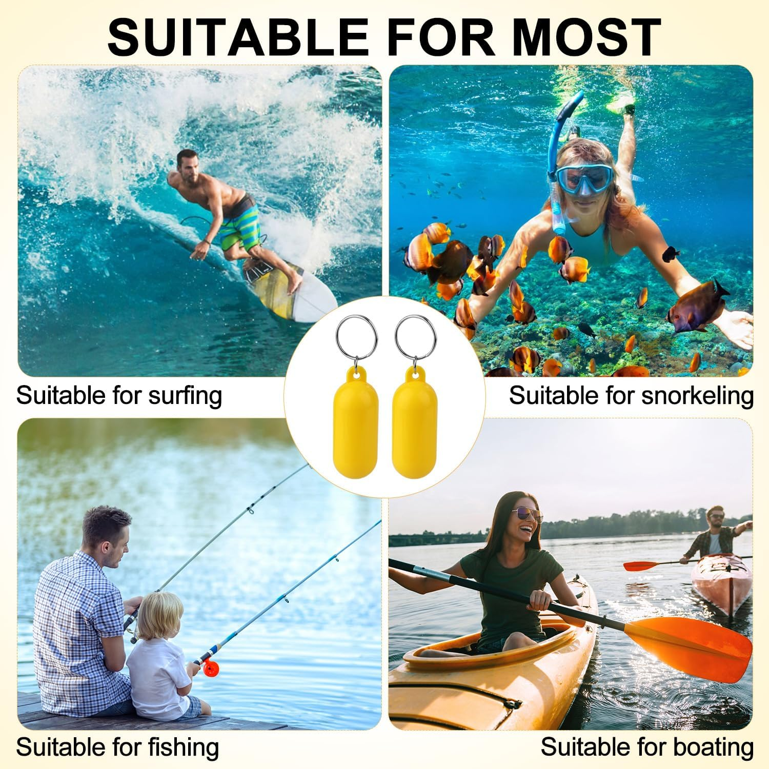 NQEUEPN 2Pcs Boat Floating Keychains, 2.56X0.98In Yellow Float Key Pendant Oval Shape Plastic Floating Key Ring Water Sport Accessory for Boating Surfing Rowing Fishing Outdoor Sports image number 3