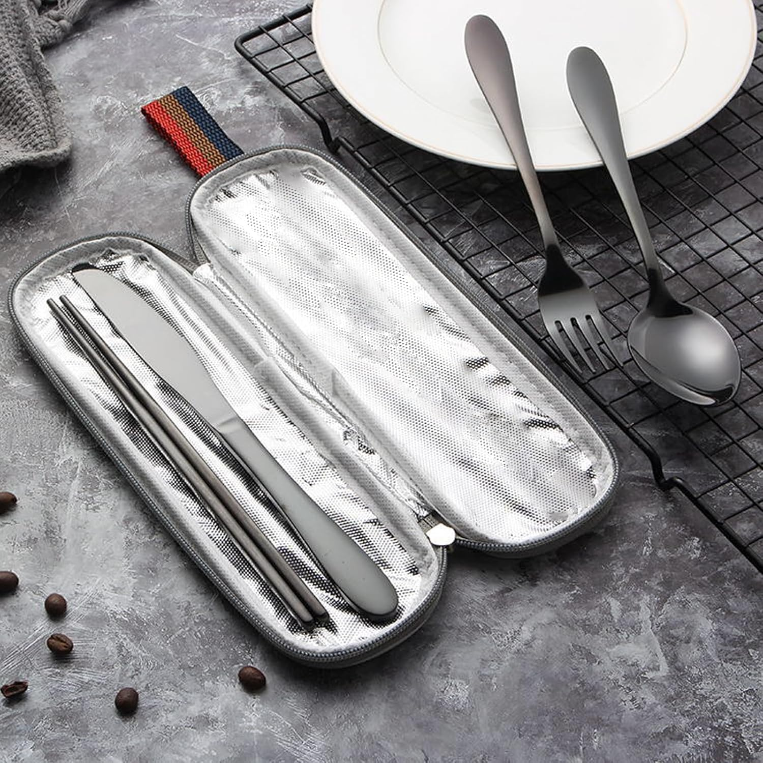 VANRA Portable Travel Utensils Set with Case 4-Piece Stainless Steel Camping Cutlery Set Reusable Silverware Set for Work Fork Spoon Knife Chopstick for Lunch Box School Picnic (Black) - Silver image number 7