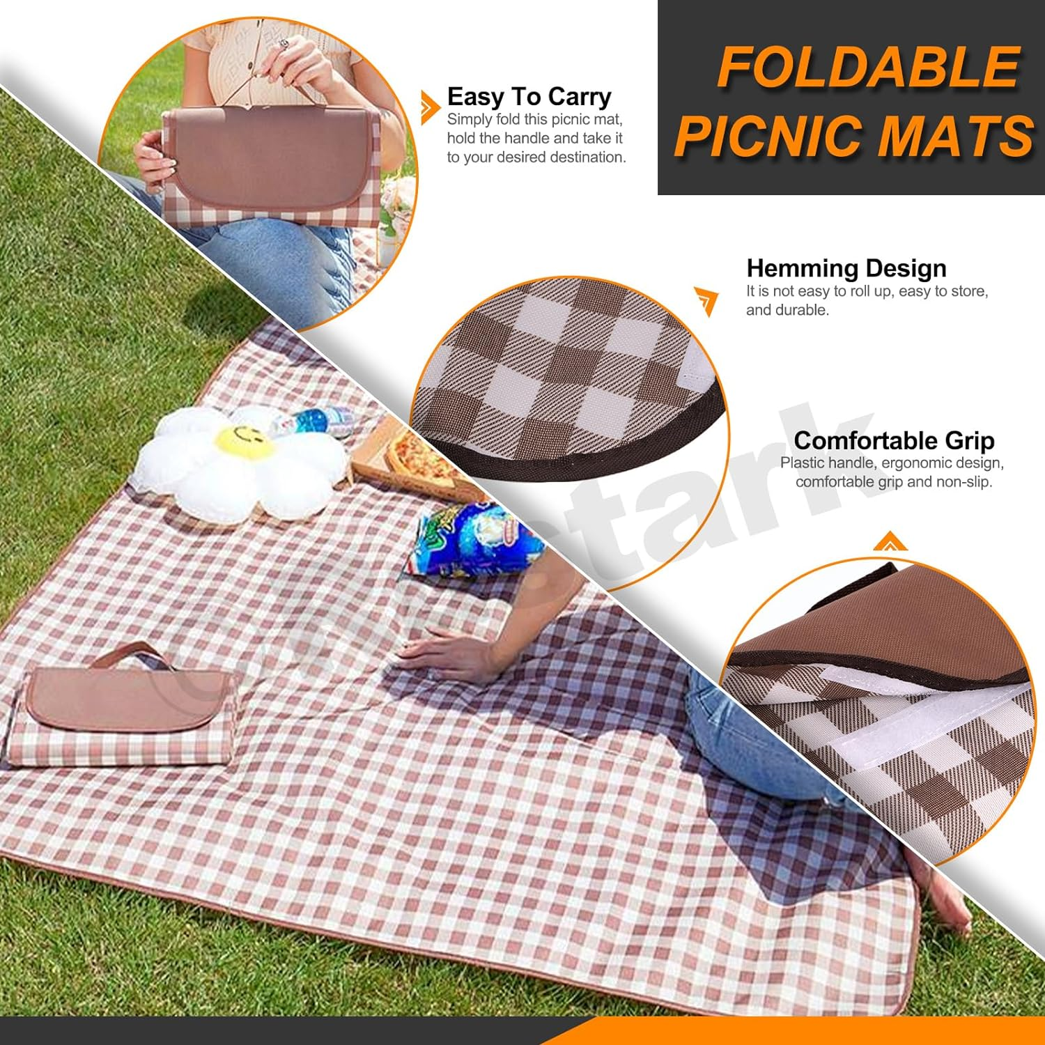 Rustark 79" X 79" Picnic Blanket Outdoor Picnic Mat Beach Blanket Extra Large Foldable Waterproof Portable Gingham Picnic Blanket Picnic Rug for Hiking, Beach, Camping, Park, BBQ and Music Festivals - Coffee Plaid image number 6