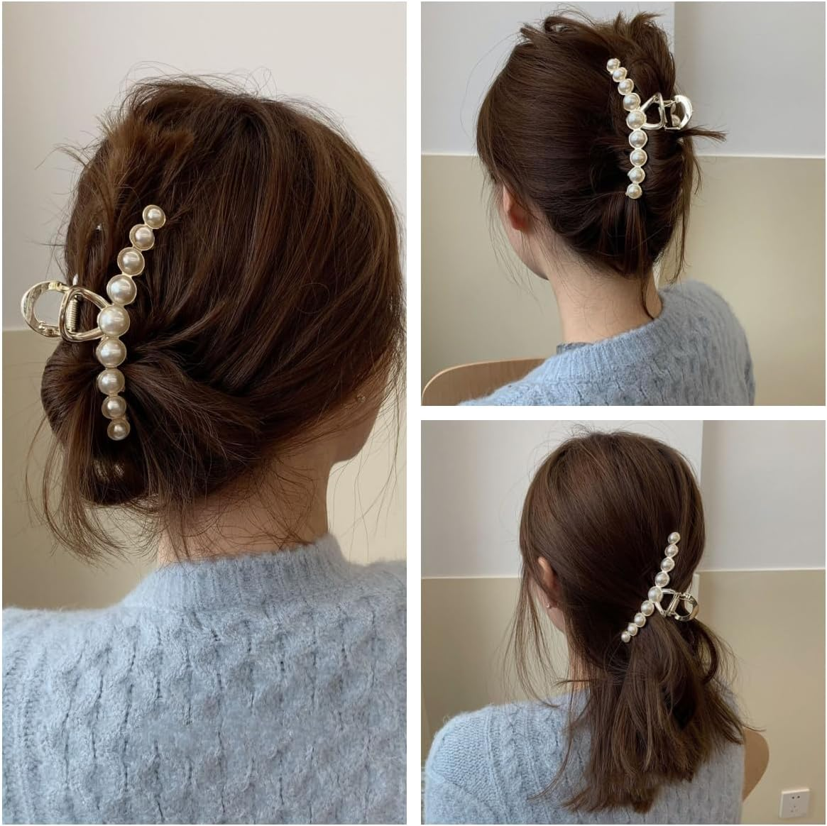 Rhinestone Hair Claw Clips, 4.4 Inch Vintage Metal Imitation Pearl Hair Jaw Clip for Women, Large Non Slip Hair Clamp Fashion Wedding Party Hair Accessories Elegant Hair Decorations for Hair Styling - Brown,Green,Grey image number 6