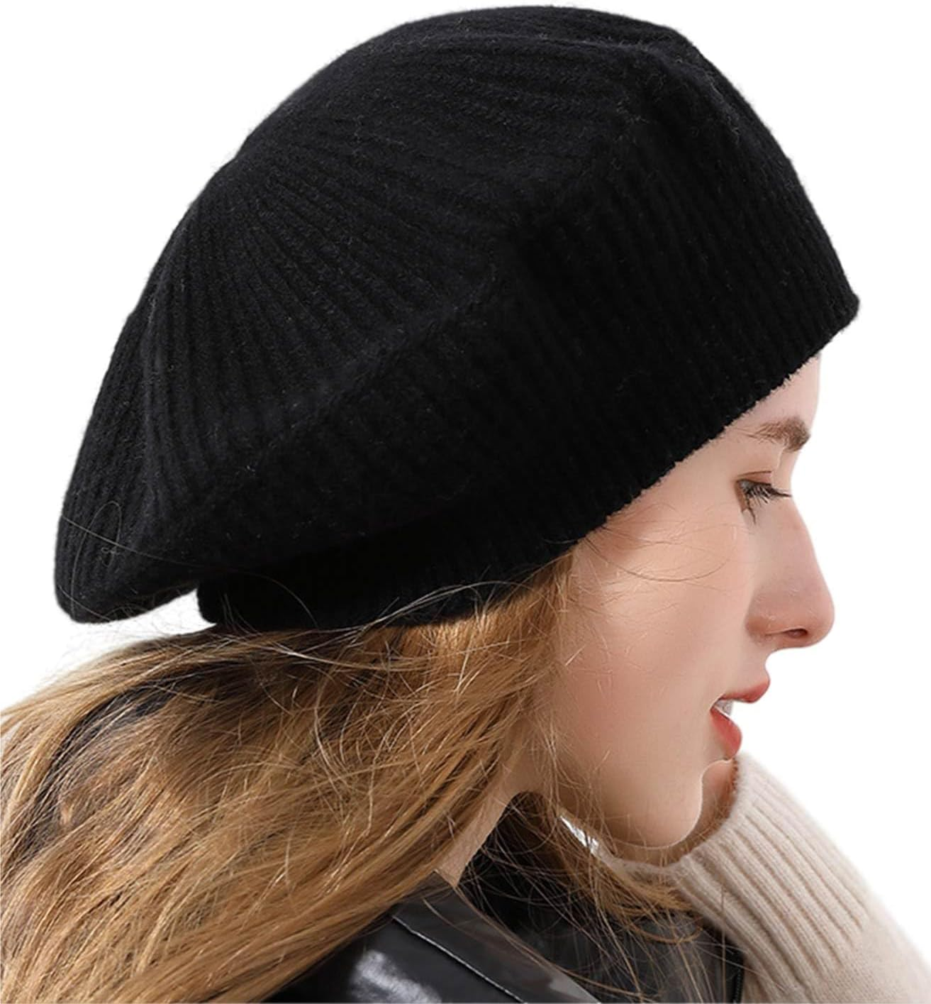 Cashmere Berets Hats Women Winter Warm Merino Wool Knitted Oversized Beige Beanie