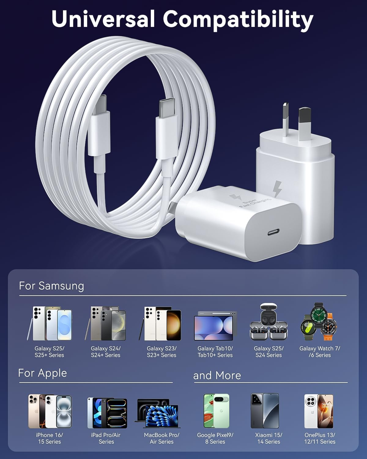 Super Fast Charger 2Pack - 25W USB C Wall Charger for Samsung with USB-C to C Cable, Type C Wall Adapter Compatible with Samsung Galaxy S25 Ultra//S25+/S24+/S24/S23/S22/S21, Galaxy S10/A54