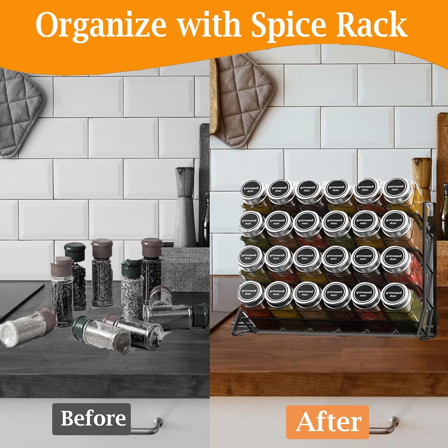 Spice Rack Organizer for Cabinet,4 Tier Spice Organization for Cabinet,Countertop,Pantry, Cupboard or Door & Wall Mount,Metal Mesh Condiment Organizer,Jars Not Included,Black