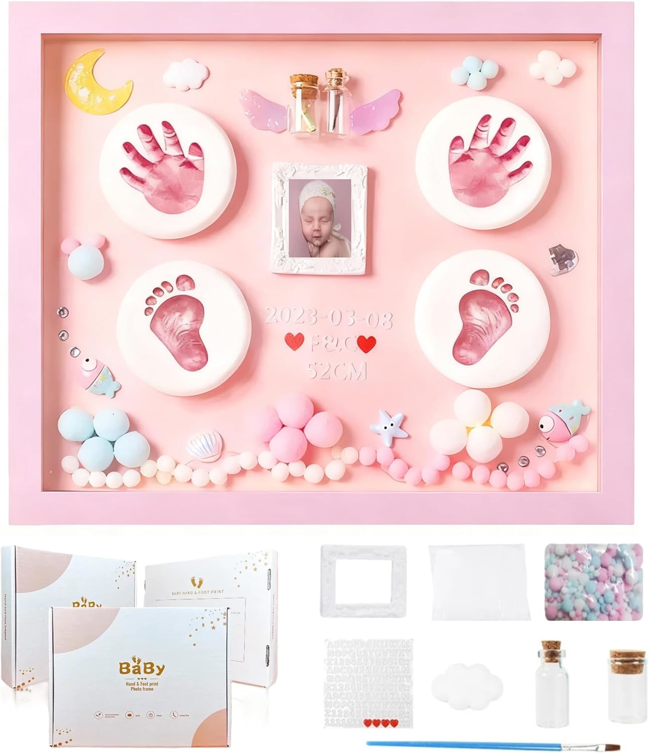 Pink Baby Handprint and Footprint Photo Frame for Girls Baby Shower, Personalized New Moms Gift with Hand and Foot Clay Mold and Casting Kit for Newborn Essentials, All-In-One Baby Registry Stuff with Nursery Picture Frame for New Parents image number 5