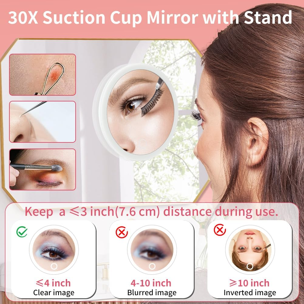 Compact Suction Cup Makeup Mirror, 30X Makeup Mirror with Light, Folding Dimmable Touch Screen Mirrors, Rechargeable 3 Colors Modes and Adjustable Brightness for Bathroom Travel - 30X image number 5