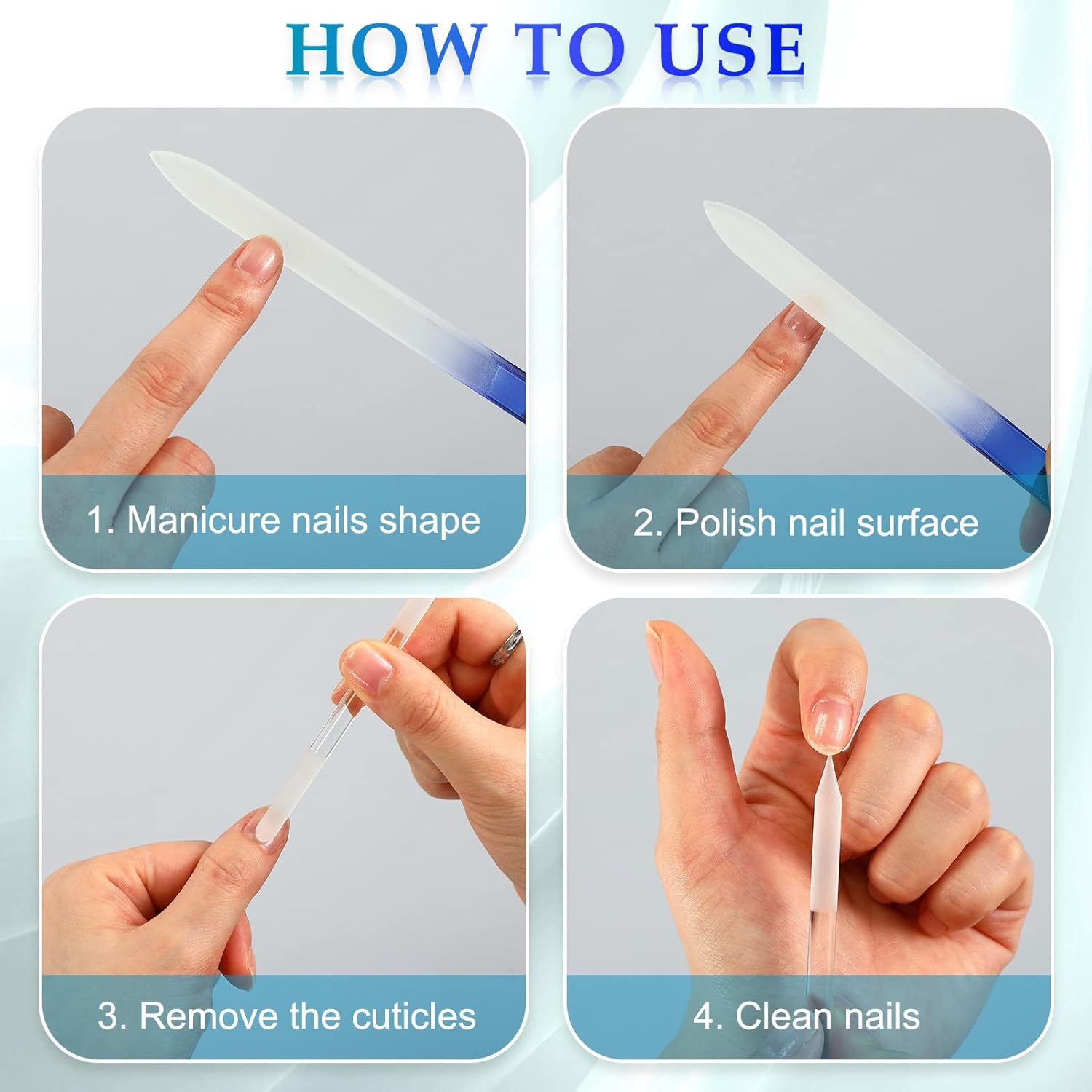 4 Pcs Glass Nail File Set Nail Files and Cuticle Pusher Double Sided Crystal Fingernail Buffers for Women Natural Fingernail Manicure Pedicure Toenail Buffer Cuticle Trimmer image number 5