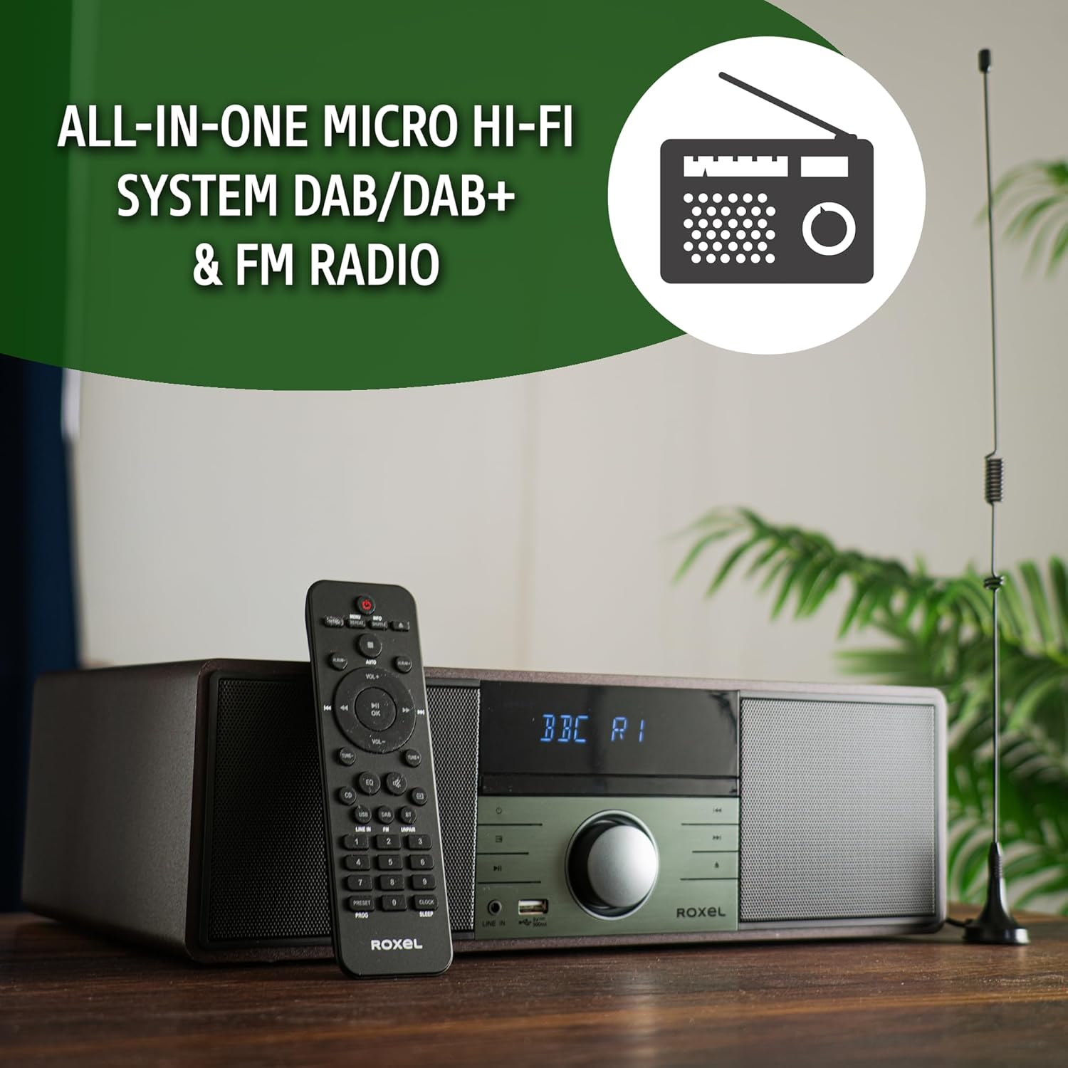 Roxel RCD 400 All in One Compact CD Player HI-FI System DAB/DAB+ Radio, CD/MP3 /USB PLAYBACK with Speakers, Bluetooth, FM & Digital Radio and White Led Display Stylish Wooden Contour image number 1