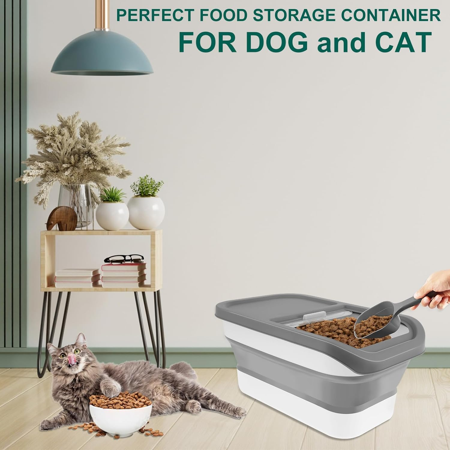Dog Food Container, Pet Food Container with Measuring Cup & Scoop, 13-20LB Collapsible Food Containers Sliding Lids Cat Food Storage Box, Airtight Dry Food Bin for Pet image number 4