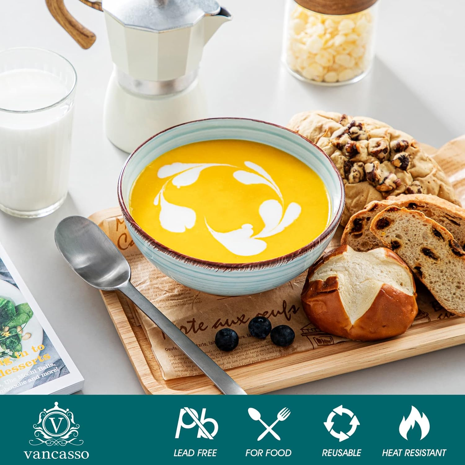 Vancasso Bonita Cereal Bowls Set of 6, 27 Oz Ceramic Soup Bowls, Serving Bowls for Salad, Noodle, Porridge, Rice, Dishwasher & Microwave Safe, Cool Color - Warm Color image number 3