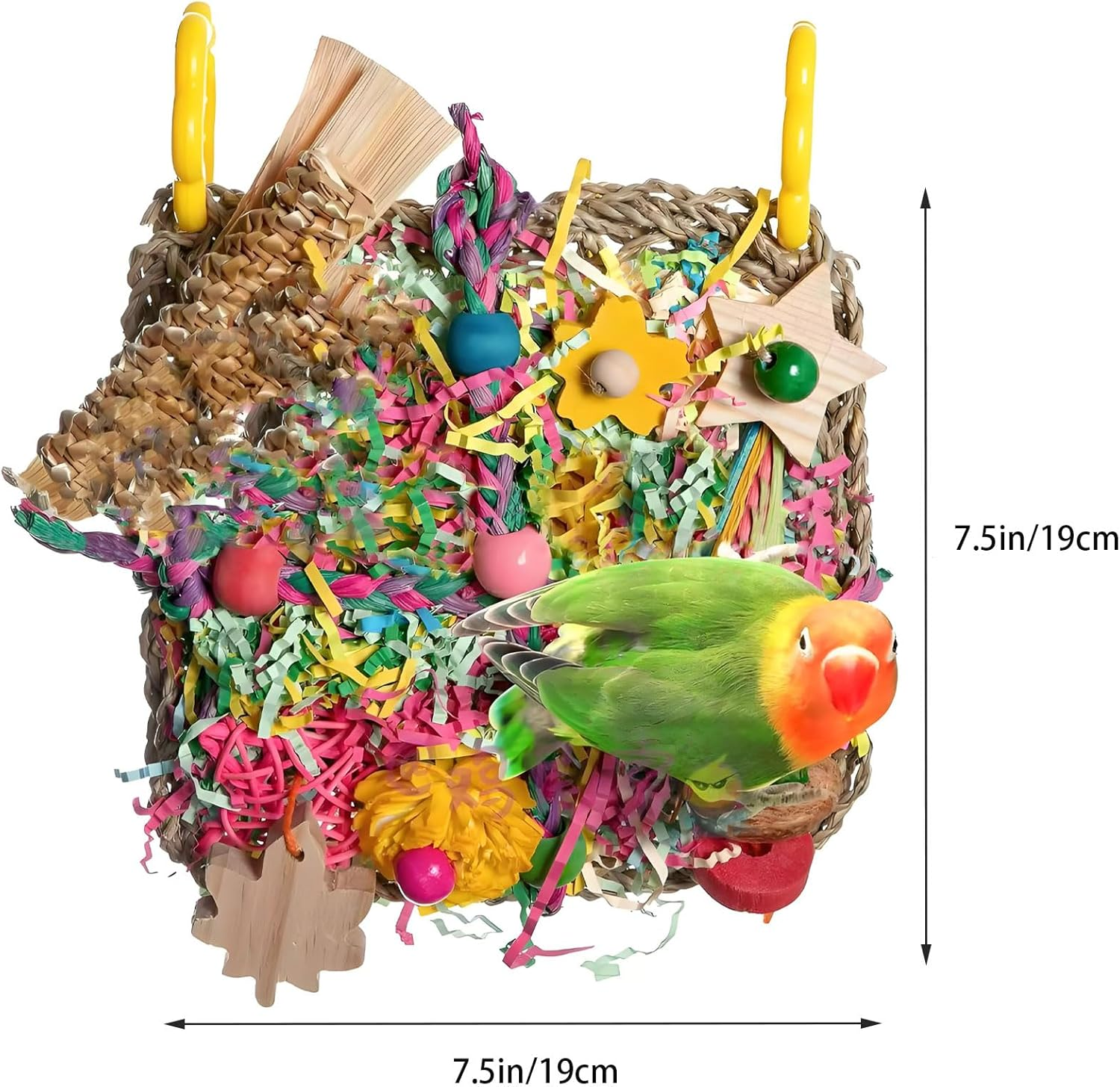 RUIFEN 7.5X7.5In Natural Bird Chew Toy for Small & Medium Parrots &ndash; 3-In-1 Climbing Net with Corn Leaves/Straw Rope/Paper Shreds, Safe for Budgies, Cockatiels & Conures image number 5