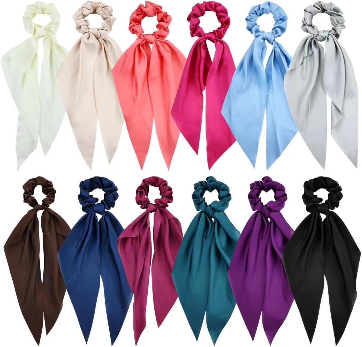 Cinaci 12 Pack Solid Silk Chiffon Stretchy Hair Ties with Long Ribbon Bow Hair Scrunchies Elastics Hairbands Ponytail Holders Rubber Bands Accessories for Women Girls