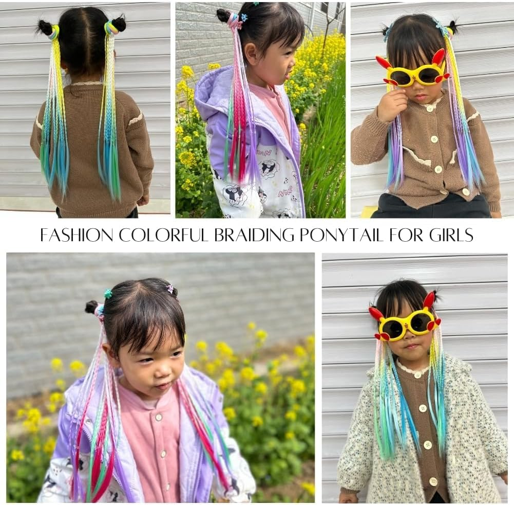 Colorful Wig Braid Head Rope, 12Pcs Coloured Hair Extensions with Hair Clips, Rainbow Braided Kids Hair Extensions, Colored Braids Hairs Extension with Rubber Bands image number 6