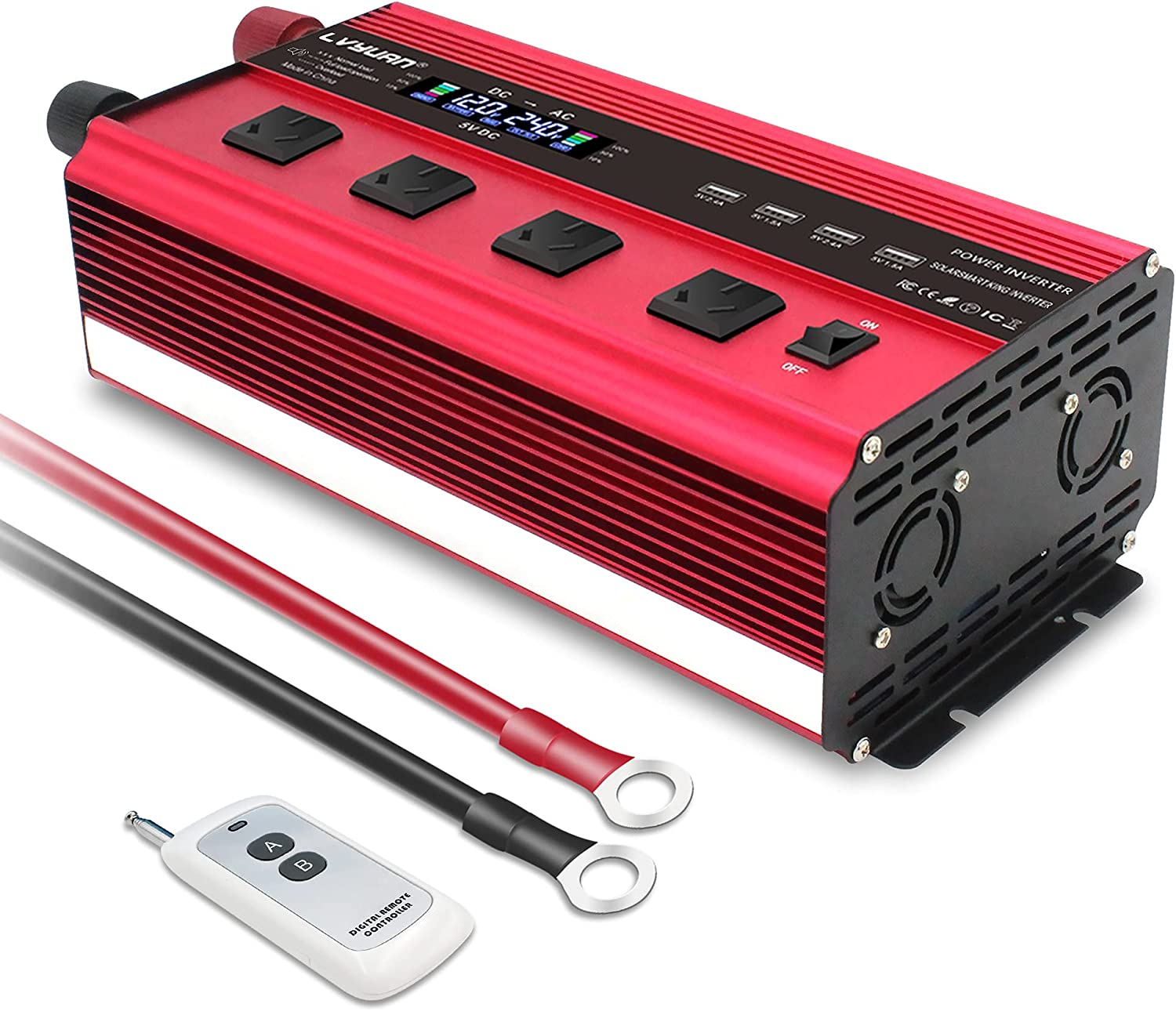 Yinleader 2500W DC 12V to 240V AC Power Inverter 4 AC Outlets W/Remote Control LCD Display 4 USB Ports Charge for Car/Boat/Truck