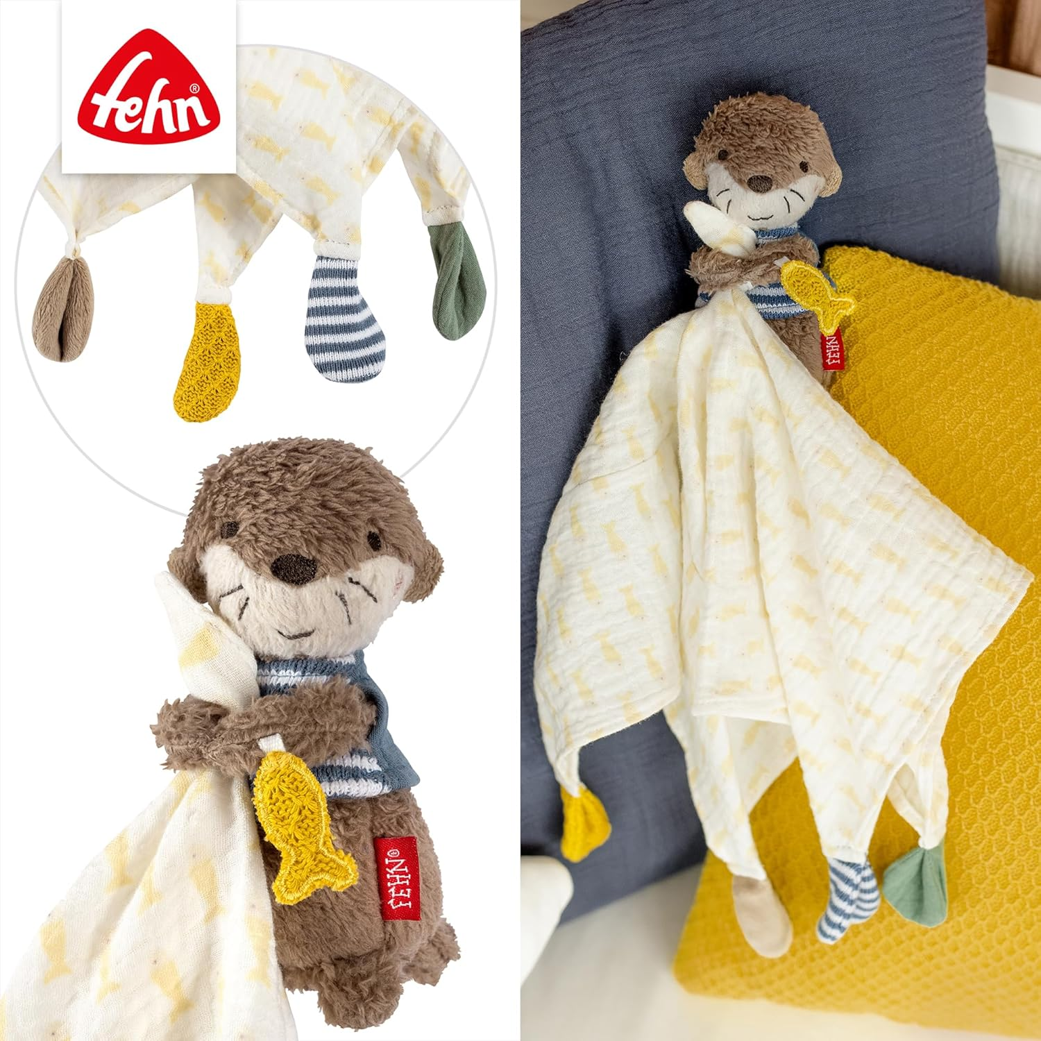 Fehn Muslin Cuddle Blanket Otter - Sleep Aid & Stuffed Toy Cuddle Blanket with Cotton Muslin Cloth & Cute Toy Figure - for Babies and Toddlers from 0+ Months image number 2