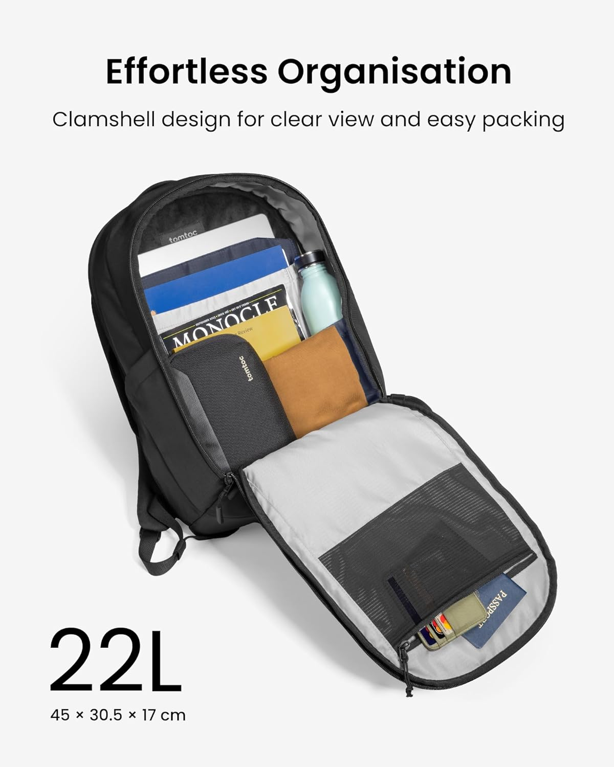 Tomtoc 16-Inch Laptop Backpack, 22L Lightweight Daypack with Dual-Access Design, Protective Organised Work Bag for Office, Daily Commute, Weekends & Everyday Carry