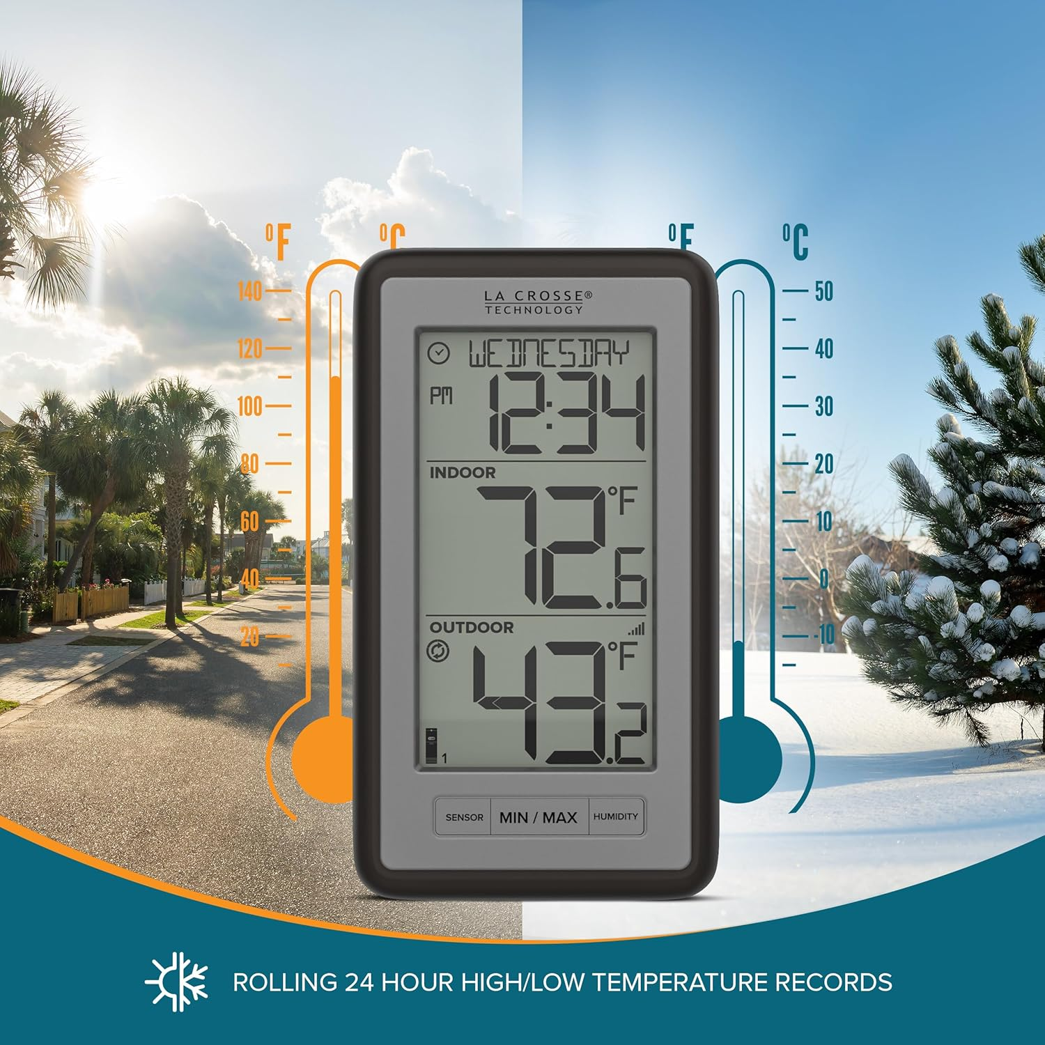 La Crosse Technology WS-9160UV3 Digital Indoor Outdoor Thermometer Wireless - Multi-Format Remote Temperature Sensor, Temperature Humidity Monitor with Manual Settings and 24-Hr Display image number 6