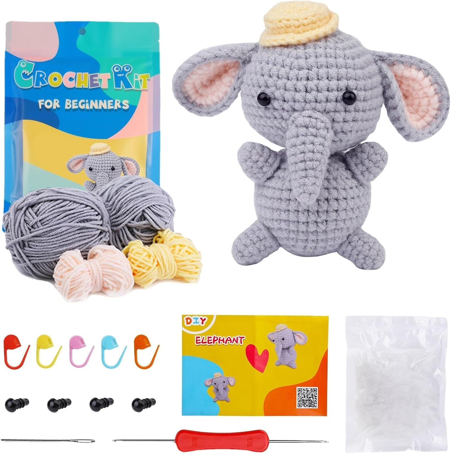 BRUIQIM Crochet Kit for Beginners, Crochet Starter Kits for Adults Step-By-Step Video Tutorials, Craft DIY Knitting Supplies, Crocheting Animals Kits for Women Men Complete Kit Included (Elephant) image number 1