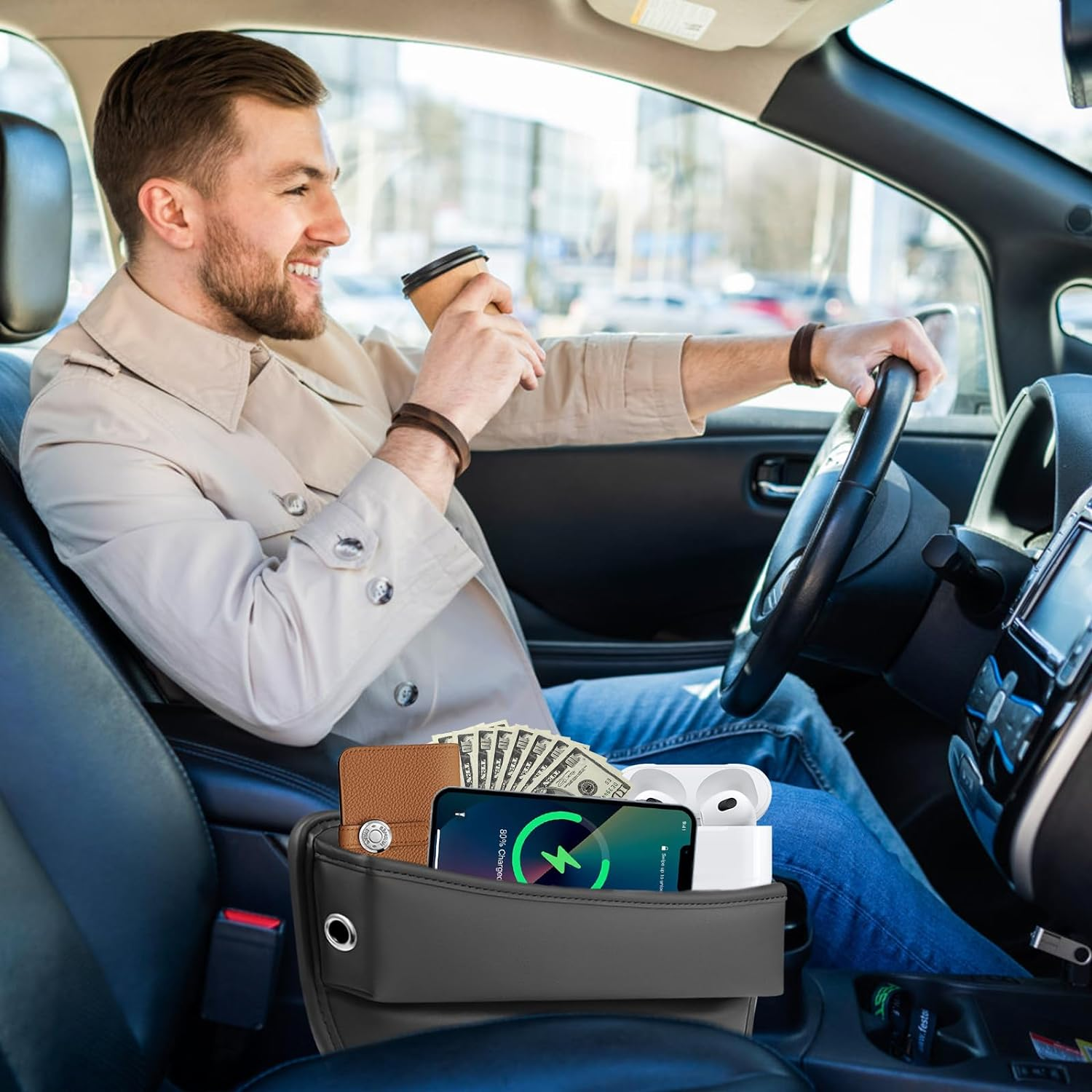 Car Seat Gap Filler, 2Pack PU Leather Auto Console Side Storage Boxes, Car Front Seat Gap Organizer, Dropping Blocker Bag Interior Accessory for Phone Sunglasses Keys Cards image number 5