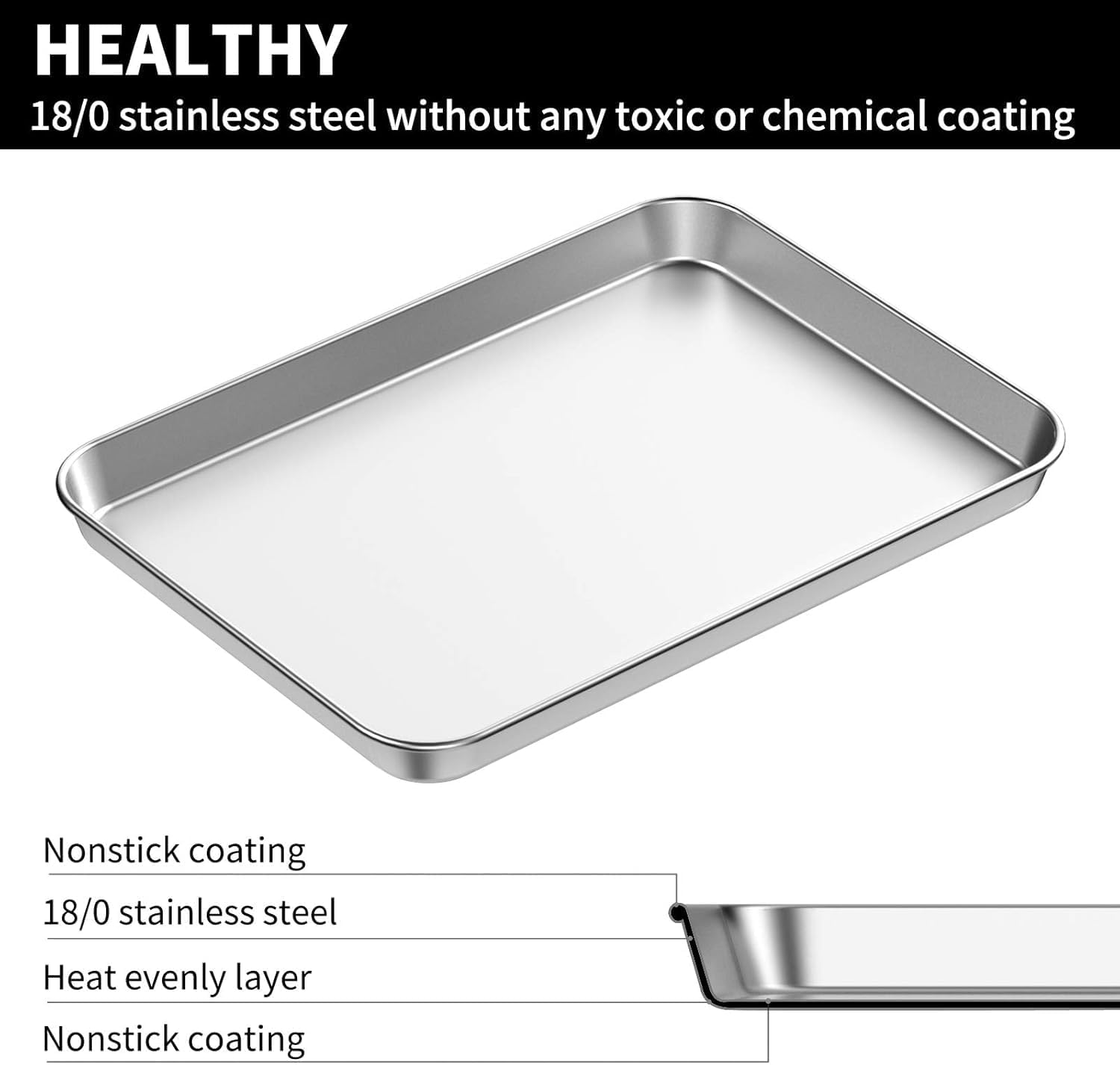 Baking Sheets Set of 2, Stainless Steel 2-Piece Cookie Sheet, Toaster Oven Baking Pan Set, Rectangle Size 16 X 12 X 1 Inch, Healthy & Non Toxic, Mirror Finish & Rust Free, Dishwasher Safe(16Inch) image number 5