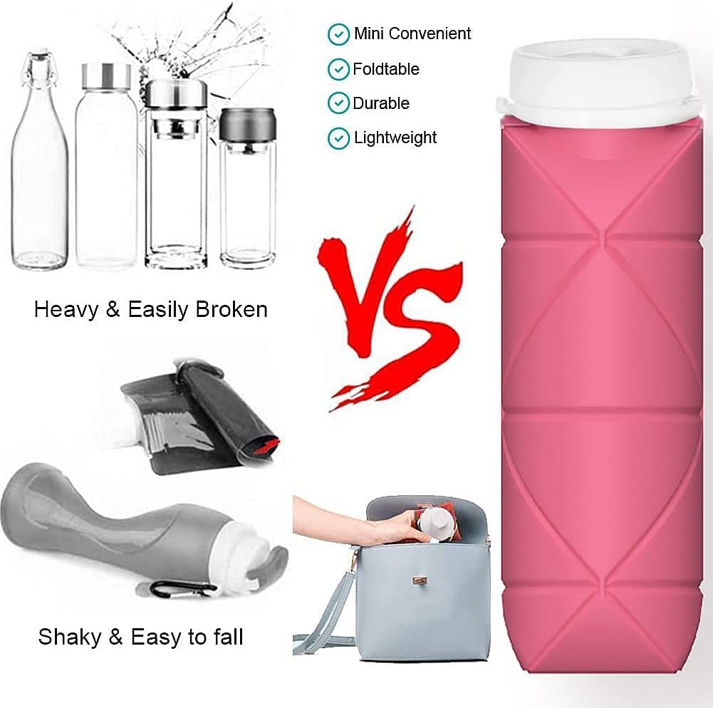 Collapsible Bottle Foldable Food Grade Silicone Water Bottle with Suction Nozzle,Collapsible Leak Proof Water Bottle for Sports,Fitness Gym,Gym Outdoor,Camping Hiking,Travel(Pink,600Ml) image number 5