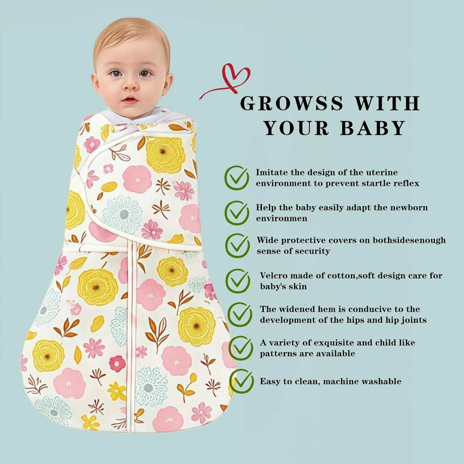 2 Pack,Newborn Sleep Sack,Winged Baby anti Startle Swaddling Clothes，100% Cotton Sleepsack Swaddle,3-6 Months,3-Way Adjustable Wearable Transition Blanket, Hat and Mittens, Animal and Floral Patterns