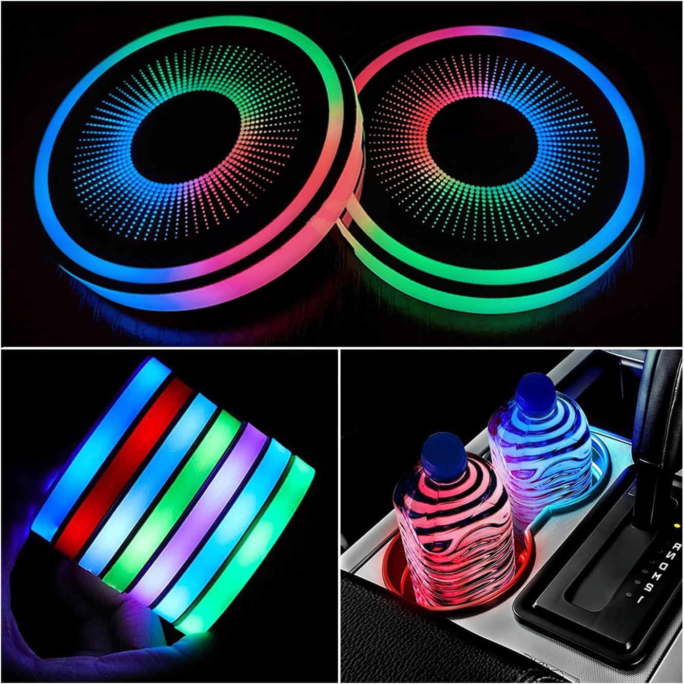 2 Pcs LED Car Cup Holder Lights,Usb Charging Car Coasters,7 Colors Luminescent Light Cup Pad,Luminescent Cup Pad Interior Atmosphere Lamp Decoration Light