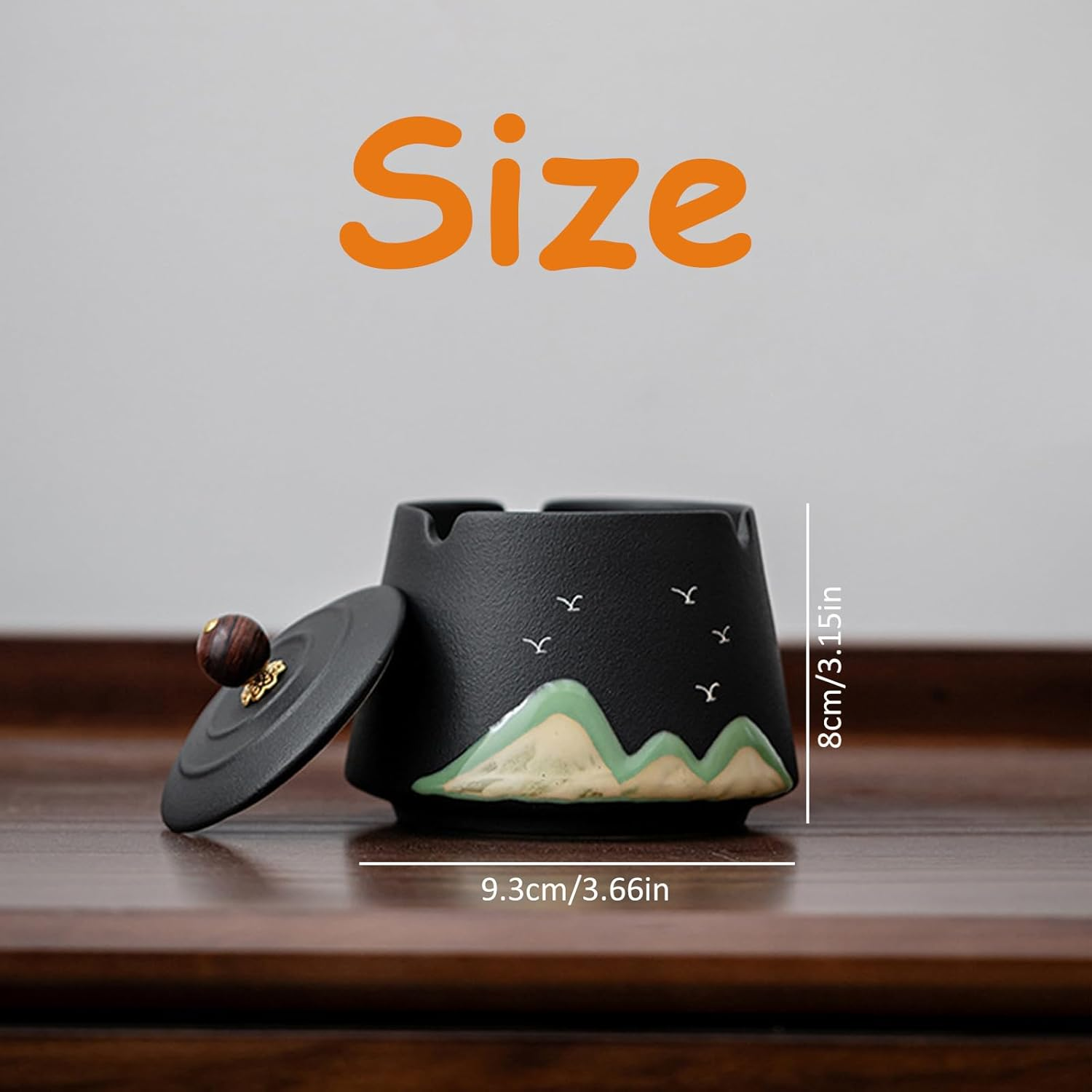 Ashtray Ceramic Ashtray with Lid Windproof Painted Ceramic Hand-Made Ashtray Creative Ash Holder Portable Ash Tray for Home Office Travel Decoration SH0103 (Black) - White image number 6