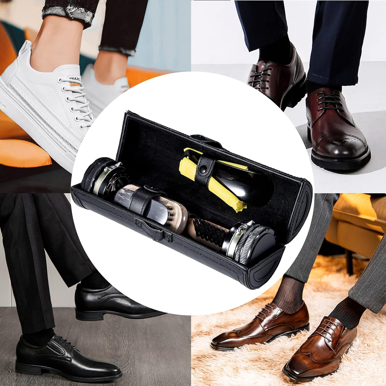 YUET Shoe Polish Kit Cleaning Shine Care Barrel Set for Brown Black Leather with Brush Travel Case Luxury Premium Soft Horsehair Bristle Dauber, Wooden Applicator, Shoehorn, Cloth 9 Piece Black Pouch