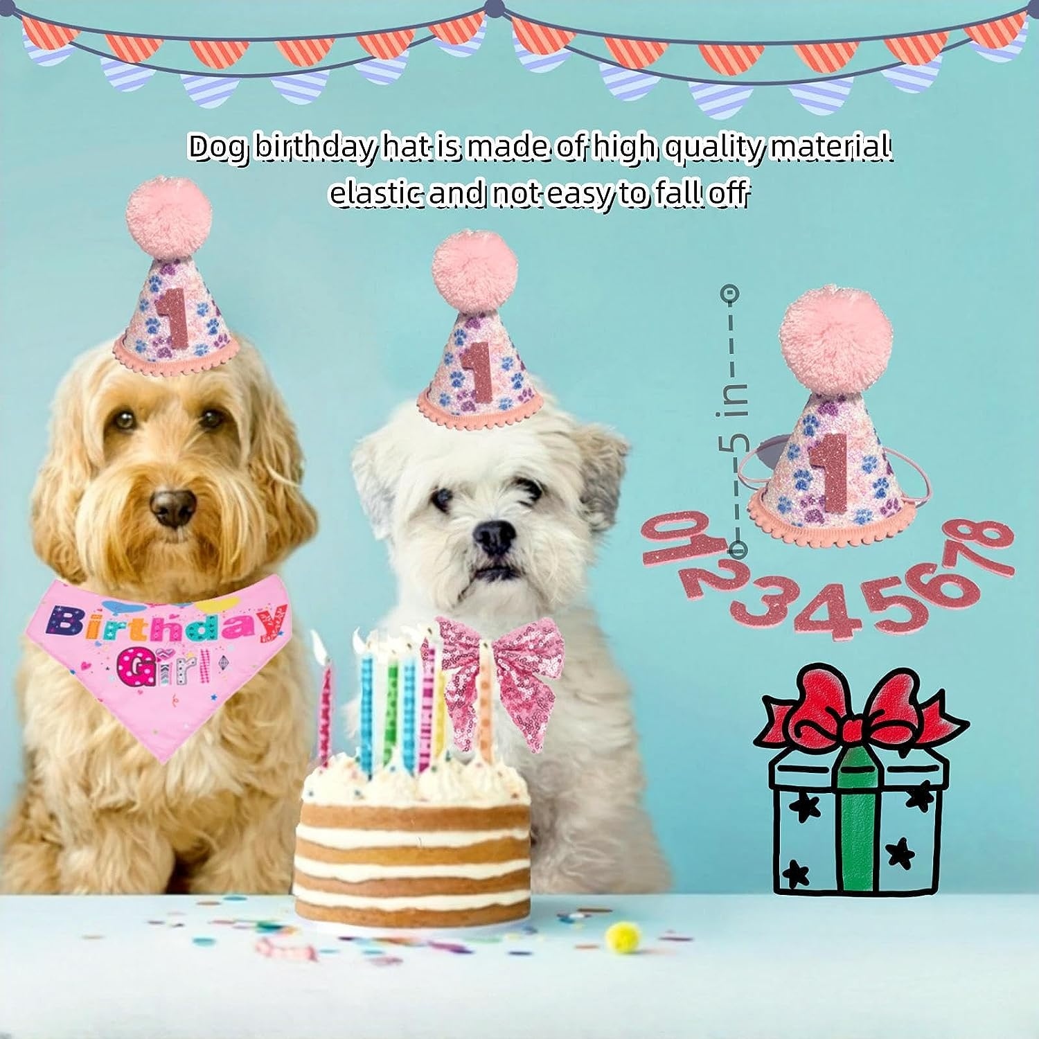 Dog Birthday Party Supplies, Reusable Girl Dog Birthday Bandana Scarf Set Cute Hat with Numbers Dog Puppy Birthday Decorations Bandana Hat Bow Set Tie for Small Medium Dog Cat Pet Toys Gifts (A) image number 6