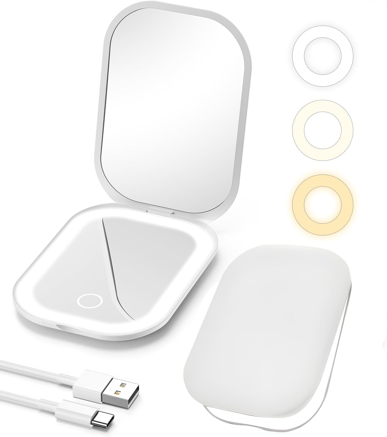 ECOMUSE Travel Mirror with Light and Magnification 1X/2X,Compact Mirror with 3 Color Lights,Touch Sensor Dimming,Rechargeable Portable Mirror for Purse,2-Sided, Handheld, Folding, White image number 2