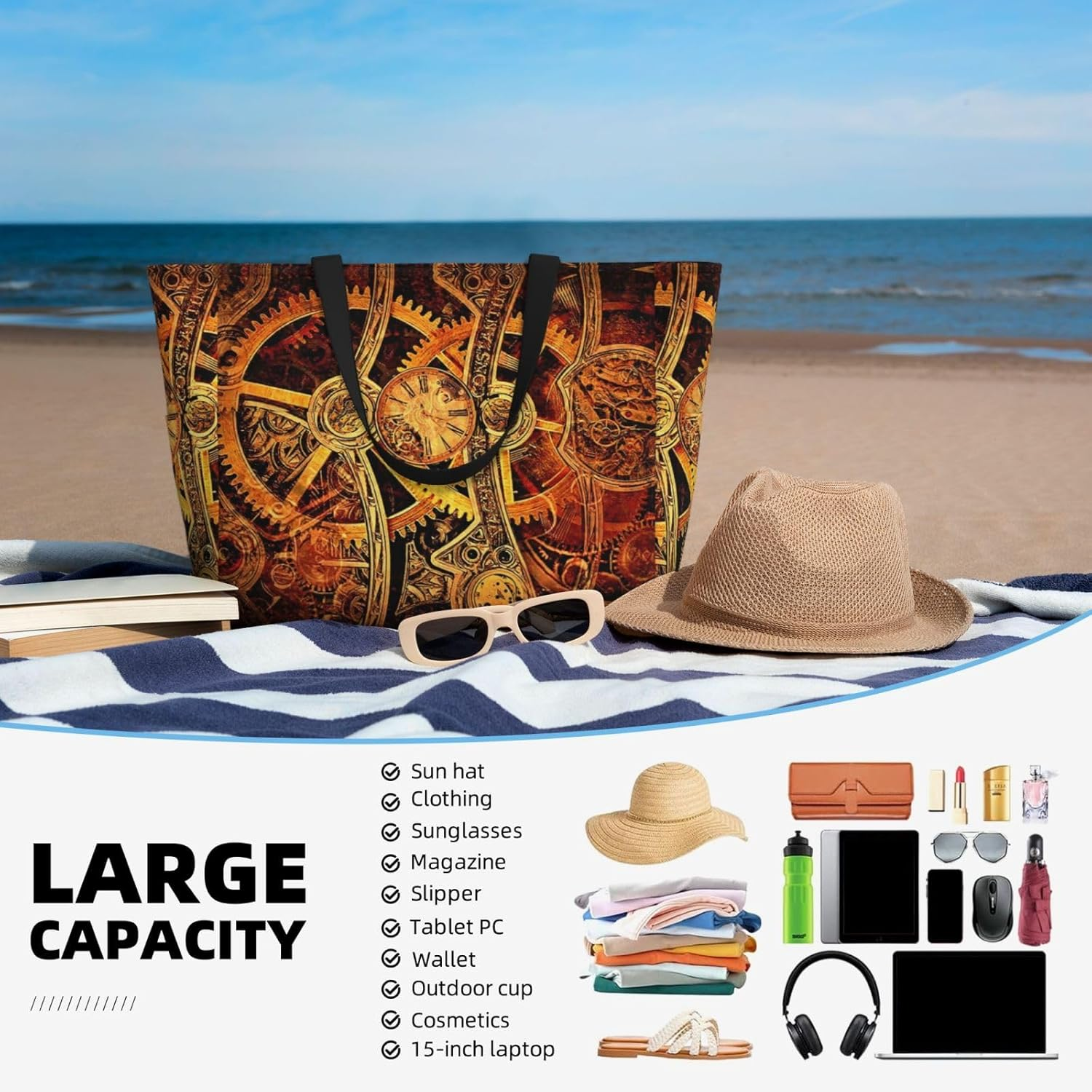 POCUK Cool Steampunk Gears Large Capacity Beach Tote Bag for Women Oversized Tote Bag for Weekend Travel, Black, One Size image number 3