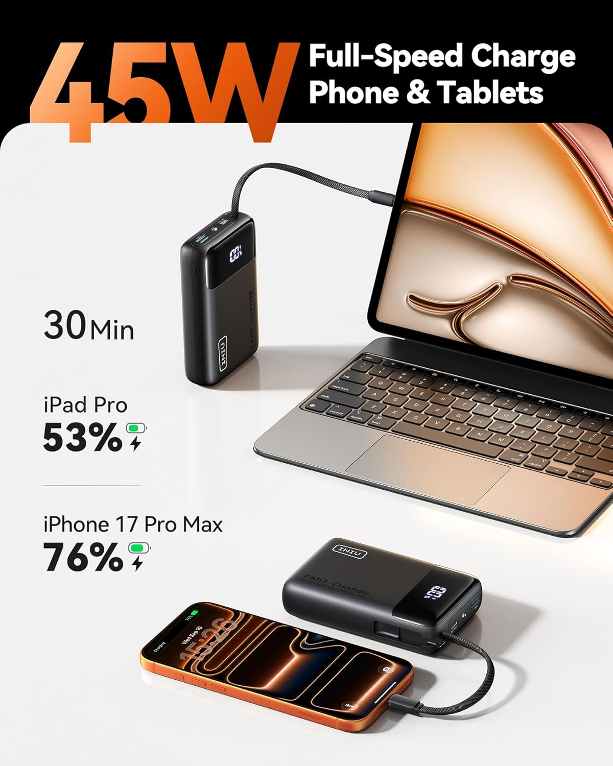 INIU Power Bank, 20000Mah 45W Portable Charger with Built in Cables, Fast Charge 3 at Once, USB C in & Out Battery Pack Fast Charging, PD 3.0+QC 4.0 Compatible with Iphone 16 15 14 13 Etc. image number 1