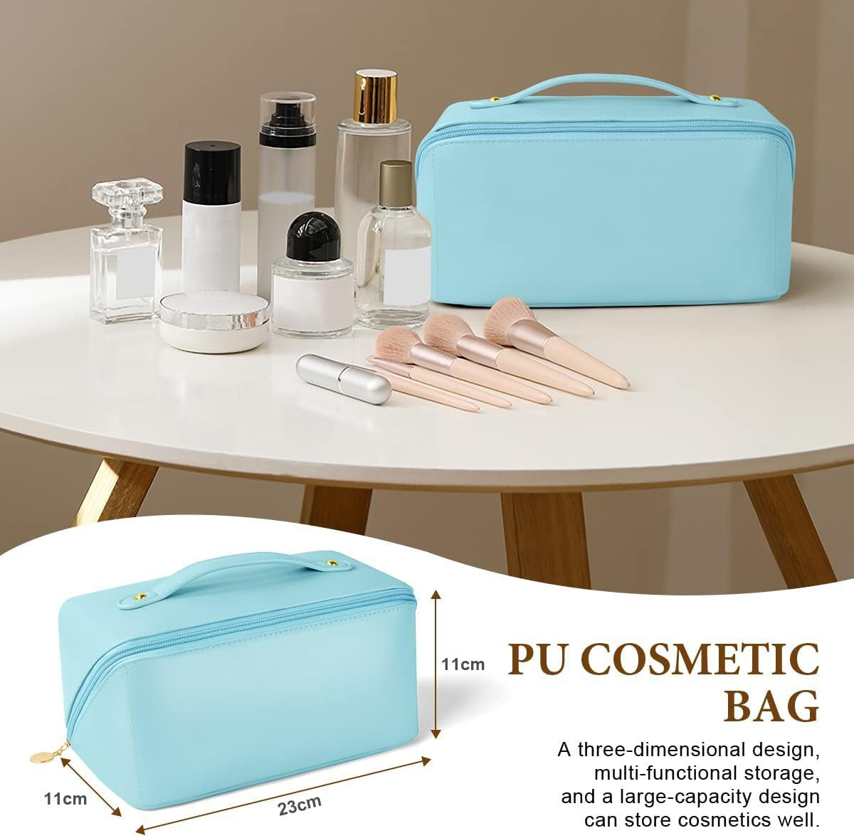 NAKODU Travel Makeup Bag,Large Capacity Cosmetic Bags for Women,Waterproof Portable Pouch Open Flat Toiletry Bag Make up Organizer with Divider and Handle (Blue) - Brown image number 6