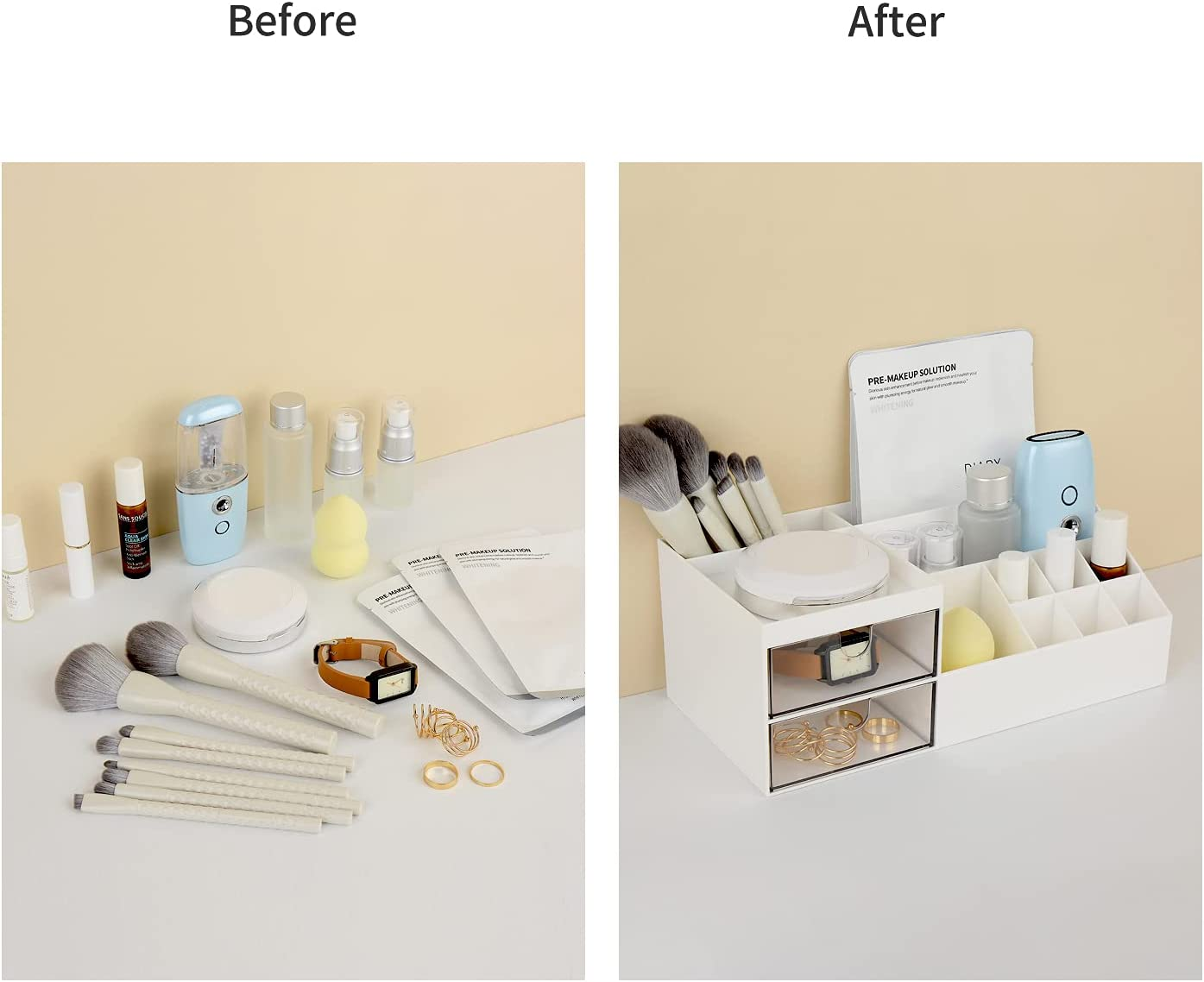 NWK Desk Makeup Organiser with Brush Holder, Skincare Cosmetic and Perfume Storage, Bathroom Organiser for Lipsticks, Nail Care, Jewelry, Office, 2 Drawers and 11 Compartments (White) image number 1