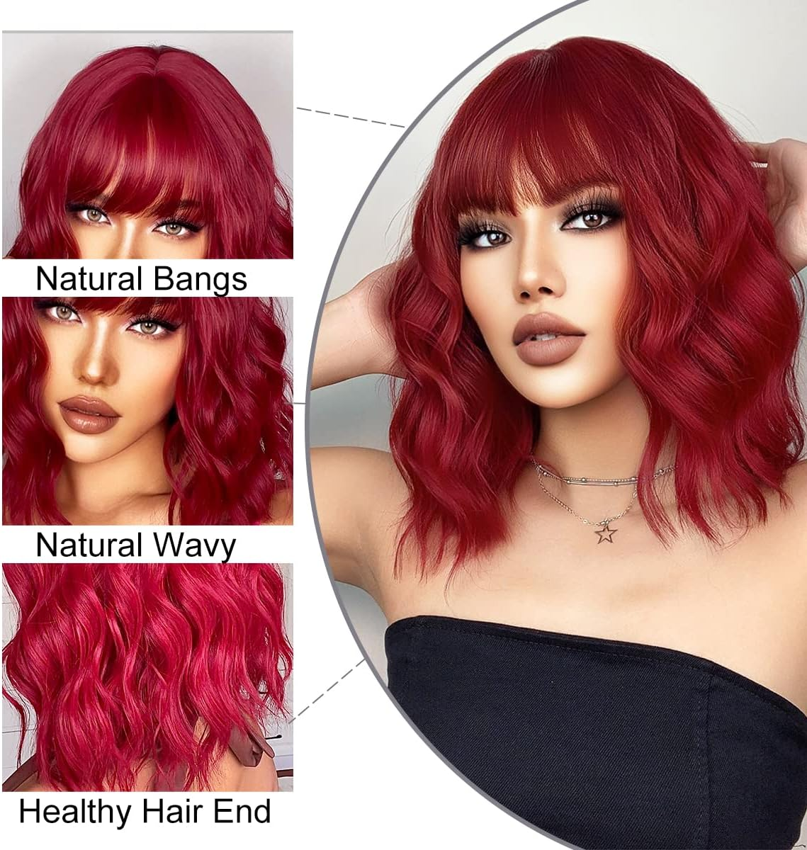 Red Bob Wig with Fringe, Short Curly Women'S Lolita Wigs, Synthetic Wig for Women, Daily Life, Anime Cosplay Costume, Party, Halloween, Carnival, 35 Cm image number 3